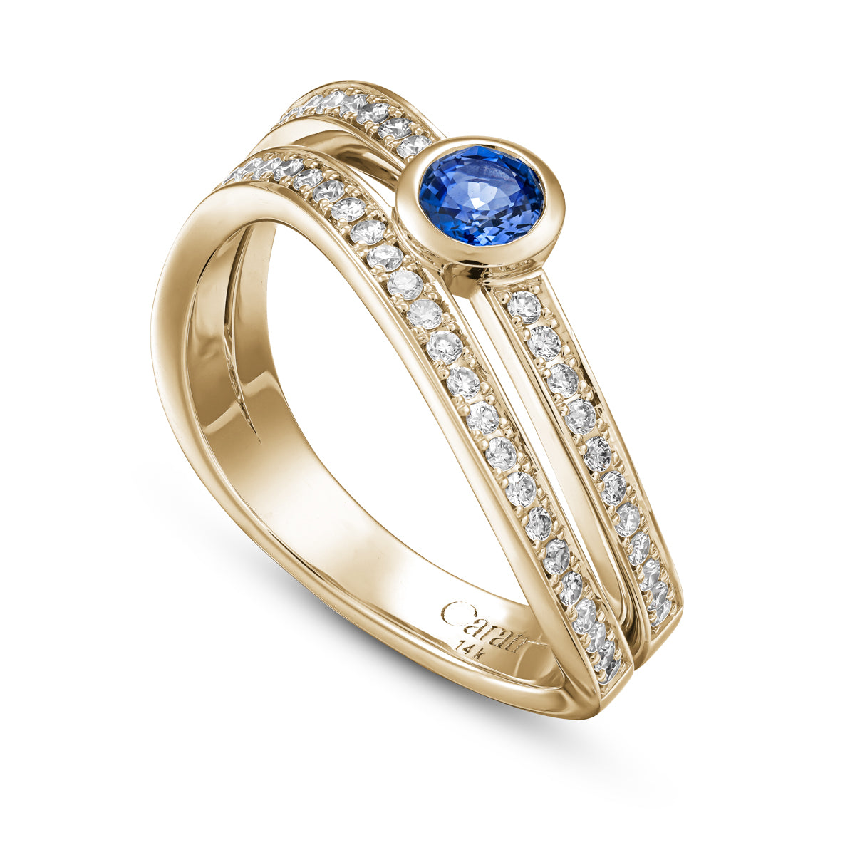 Double Wavy Ring with a royal blue sapphire in the middle and diamonds set in pave , iconic design by carati jewelry in montreal canada in 18k 14k