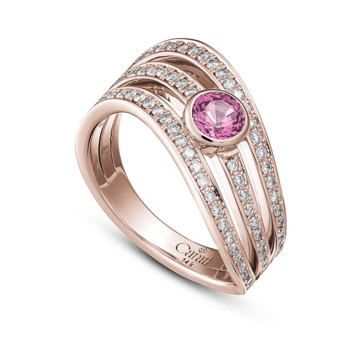 triple wavy design with a centered pink sapphire set ,and diamonds pave set all around designed by carati jewelry in montreal canada in 18 k 14 k