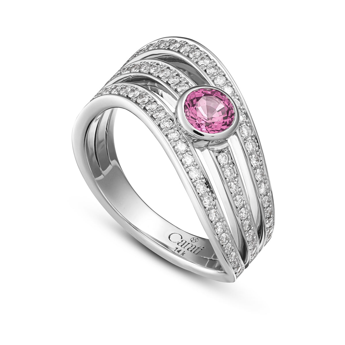 triple wavy design with a centered pink sapphire set ,and diamonds pave set all around designed by carati jewelry in montreal canada in 18 k 14 k