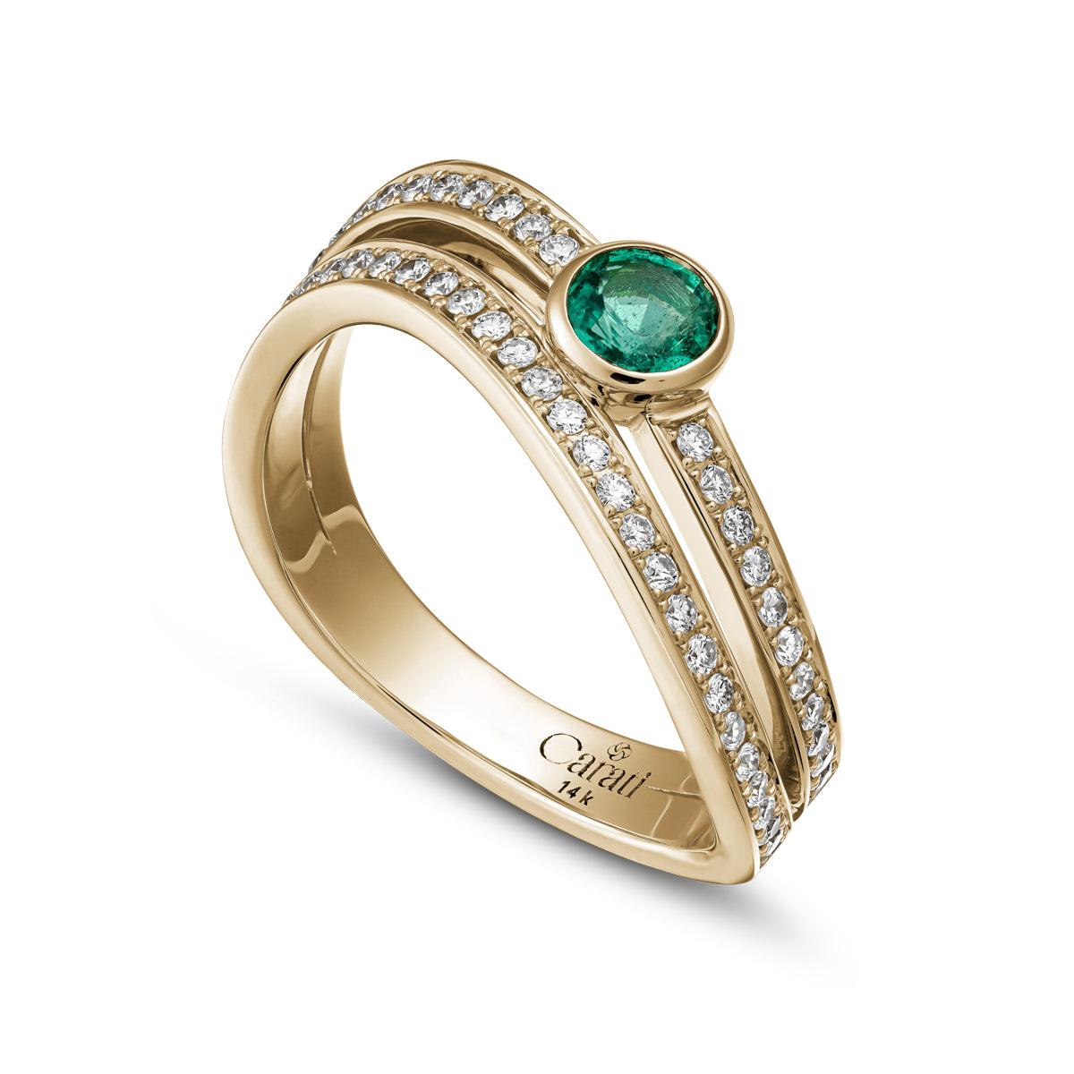 Double Wavy Ring with emerald in the middle set in pave sapphires in an iconic design by carati jewelry in montreal canada in 18k 14k