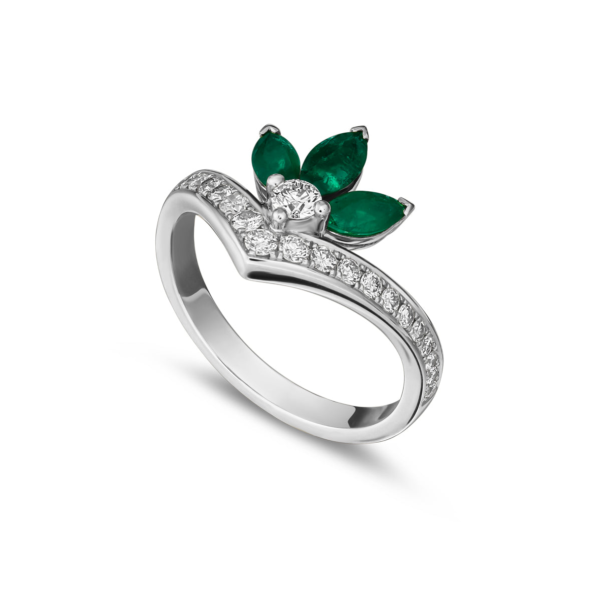 Majesty ring with marquise Emeralds and pave set diamonds is designed by carati jewelry in Montreal Canada in 14k 18k