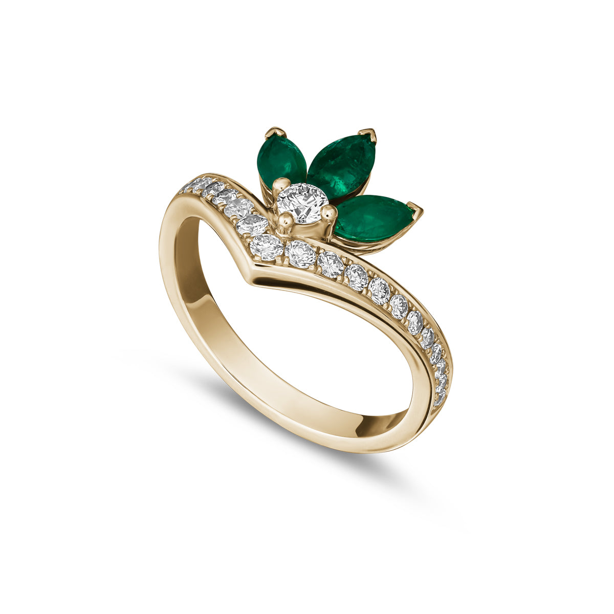 Majesty ring with marquise Emeralds and pave set diamonds is designed by carati jewelry in Montreal Canada in 14k 18k