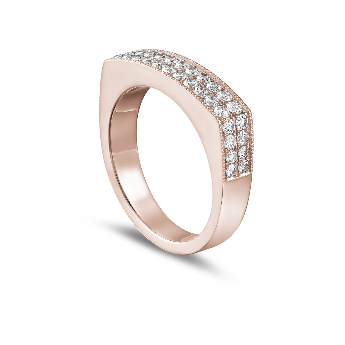 Infinity ring set in 2 rows of pave diamonds with milligrain in edgy look designed by carati jewelry in Montreal Canada in 18k 14k