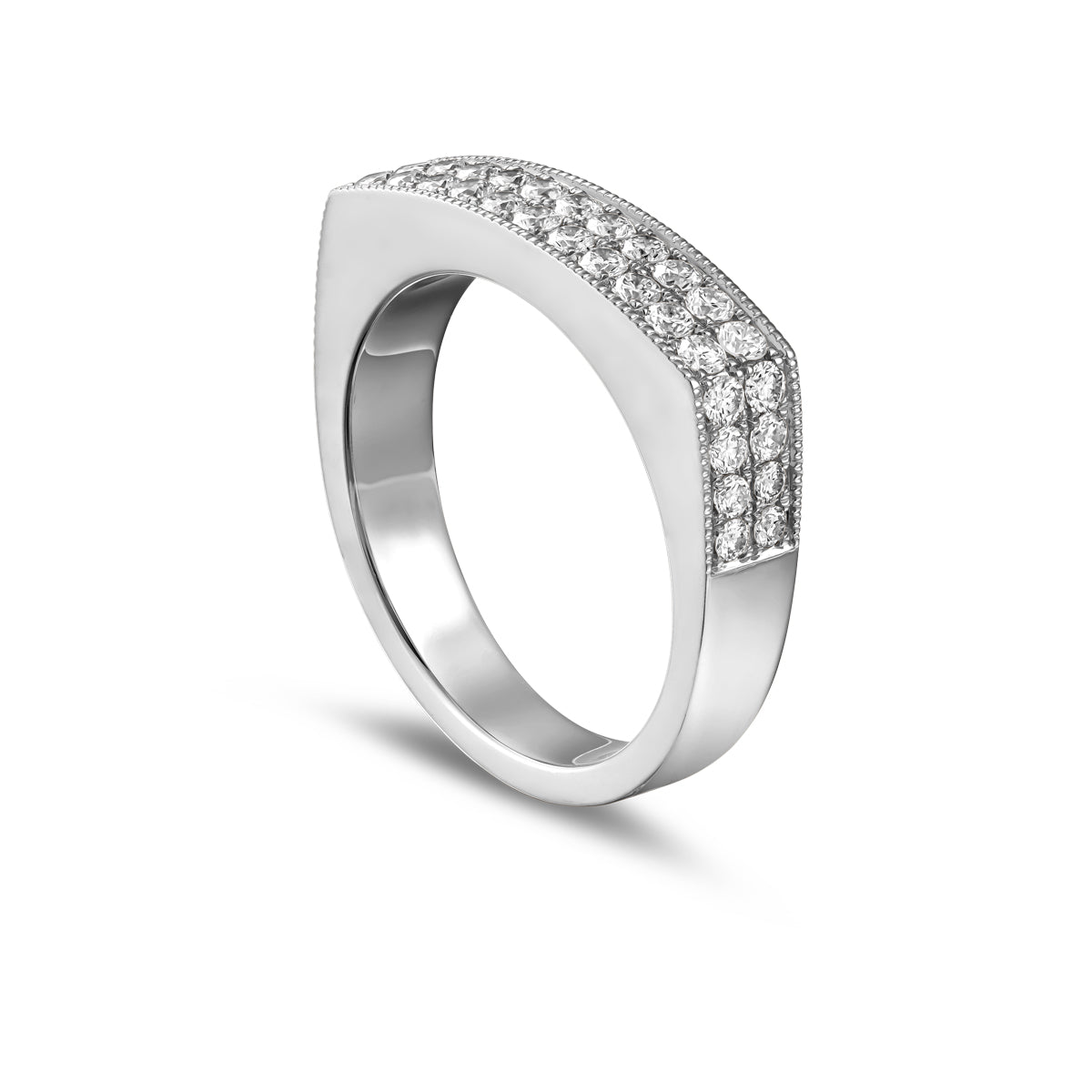 Infinity ring set in 2 rows of pave diamonds with milligrain in edgy look designed by carati jewelry in Montreal Canada in 18k 14k