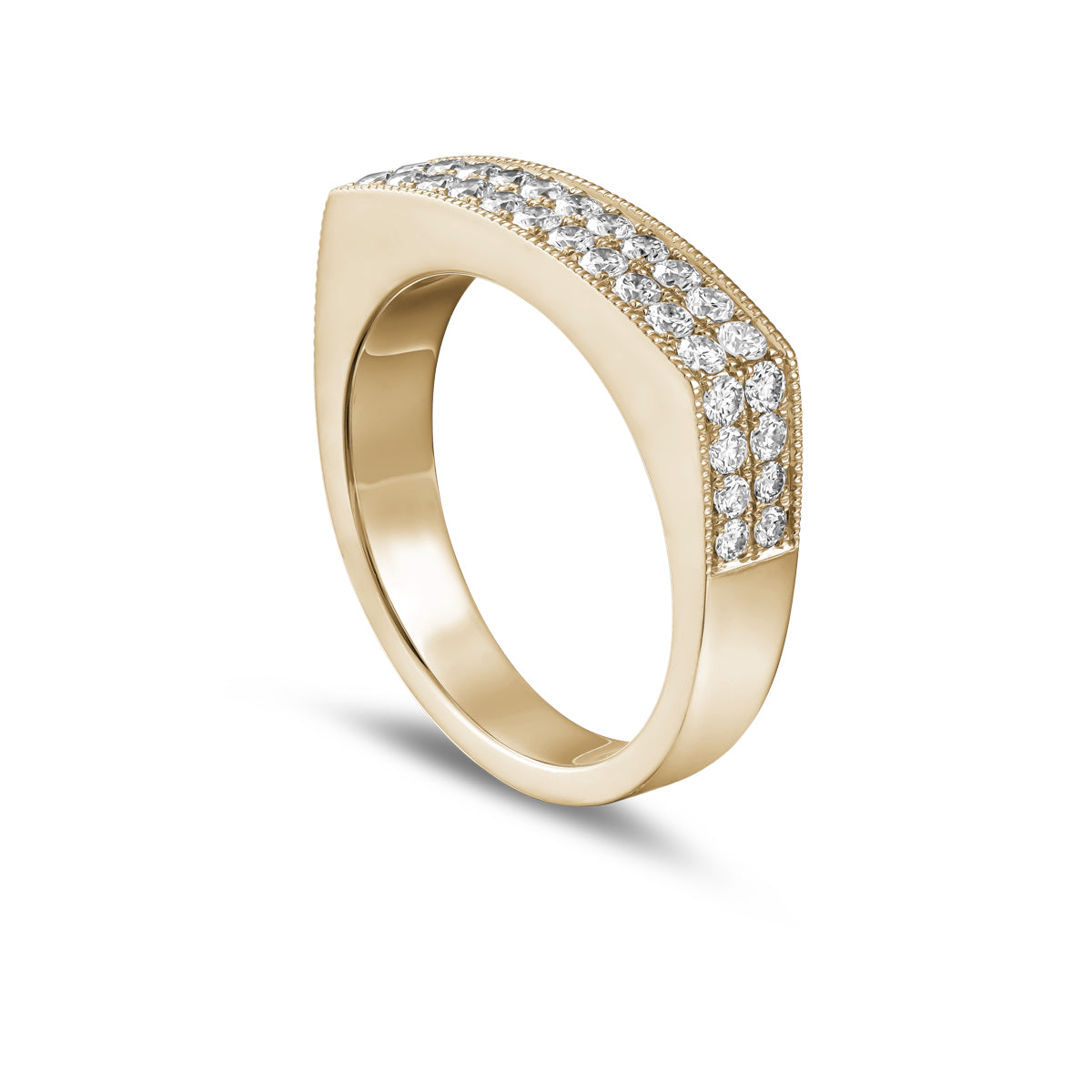 Infinity ring set in 2 rows of pave diamonds with milligrain in edgy look designed by carati jewelry in Montreal Canada in 18k 14k