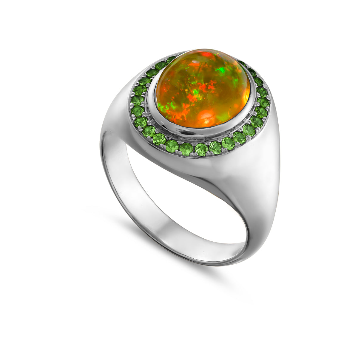 Signet Ring in Natural Australian Opal set all around with tsavorite is designed by carati jewelry in montreal canada in 18k 14 k