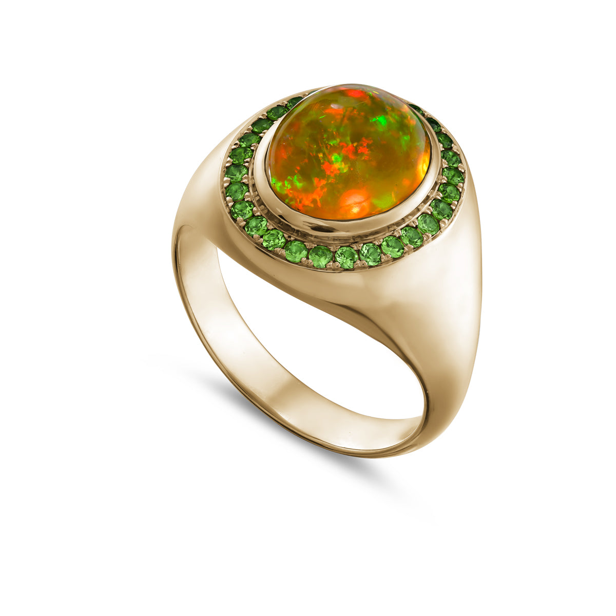 Signet Ring in Natural Australian Opal set all around with tsavorite is designed by carati jewelry in montreal canada in 18k 14 k