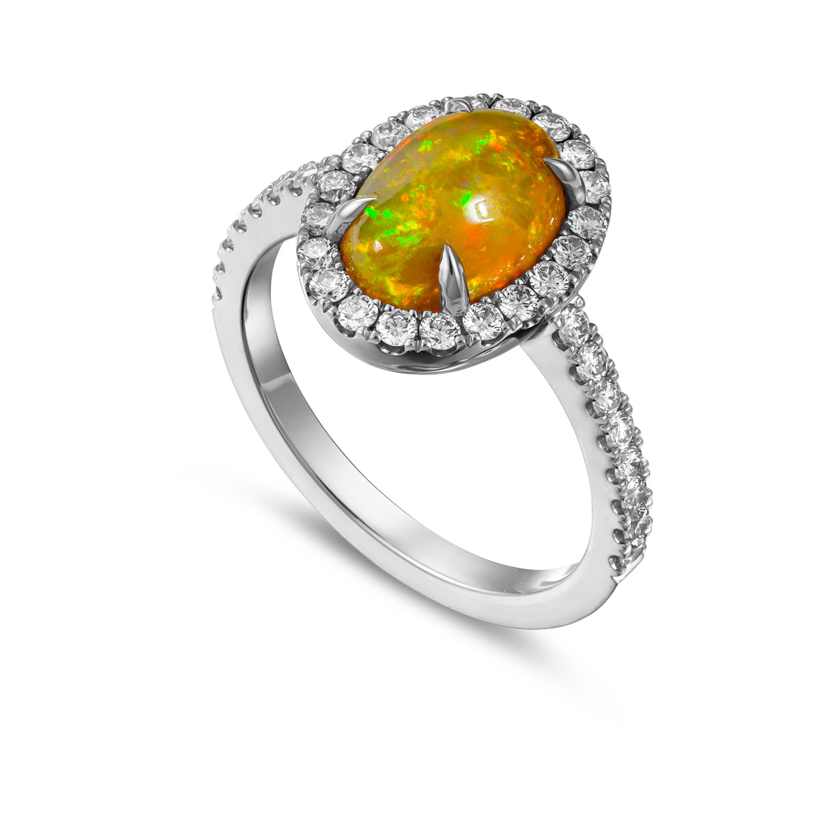 Royal Harmony Ring in Natural Australian Opal in halo set diamonds all around and on the shank is designed by carati jewelry in Montreal Canada in 18k 14k