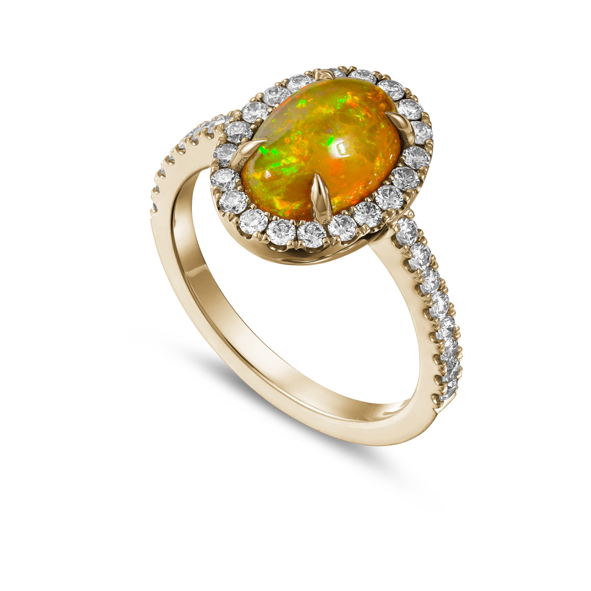 Royal Harmony Ring in Natural Australian Opal in halo set diamonds all around and on the shank is designed by carati jewelry in Montreal Canada in 18k 14k