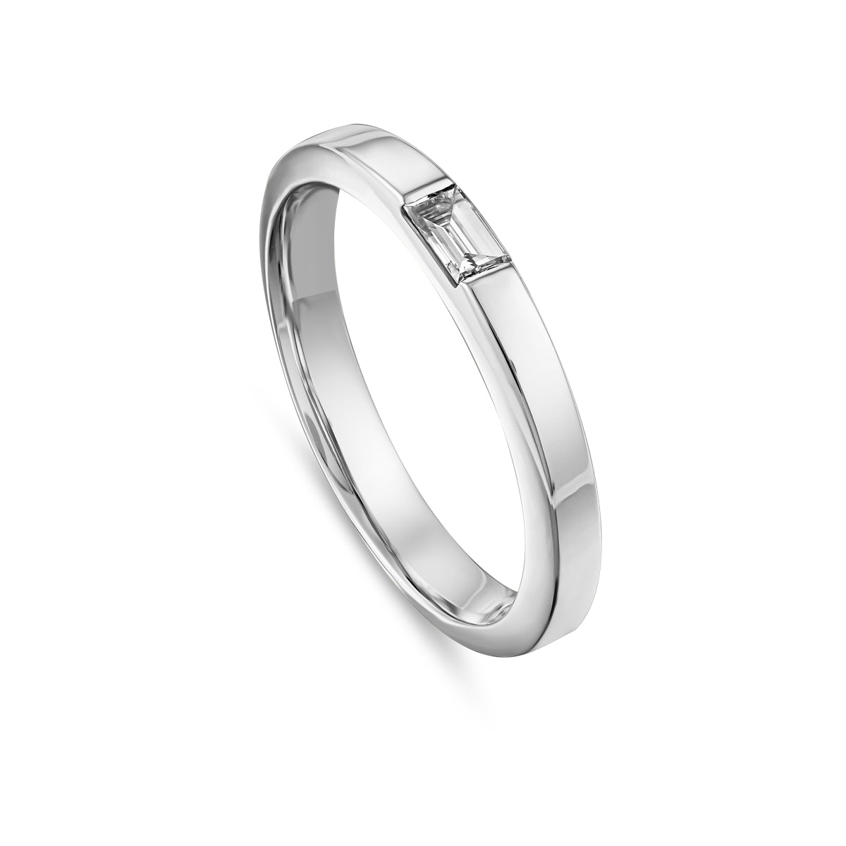 One Love Wedding Band set with a single baguette diamond is designed by carati jewelry in Montreal Canada in 18k 14k