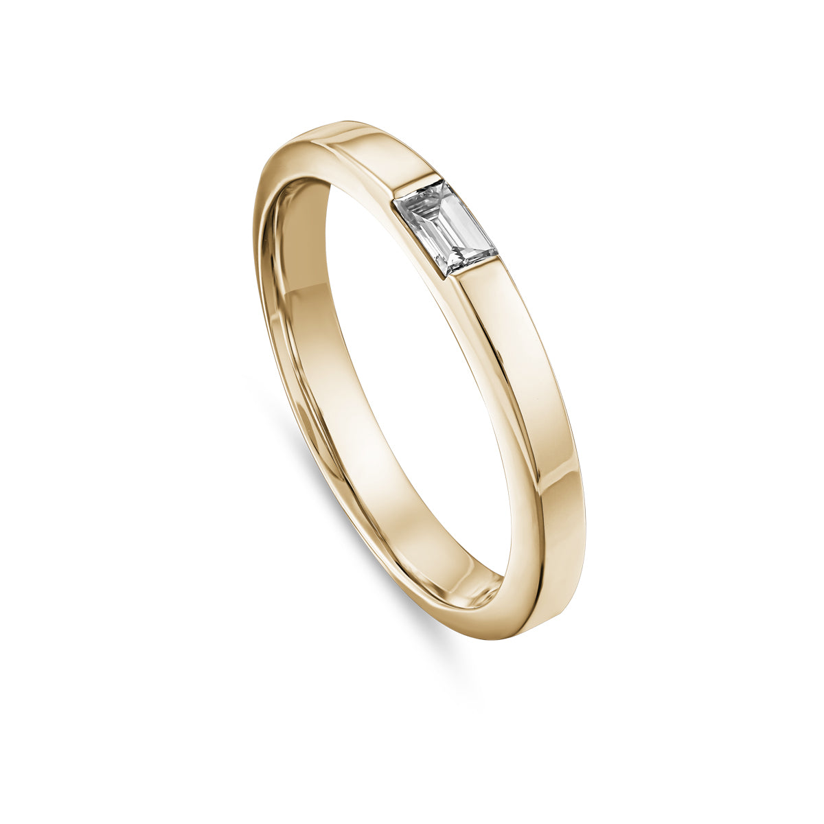 One Love Wedding Band set with a single baguette diamond is designed by carati jewelry in Montreal Canada in 18k 14k