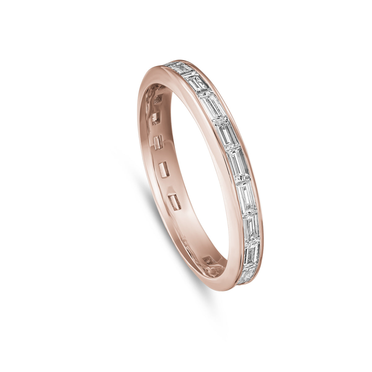 One Love Wedding Band set with all around baguette diamonds is designed by carati jewelry in Montreal Canada in 18k 14k