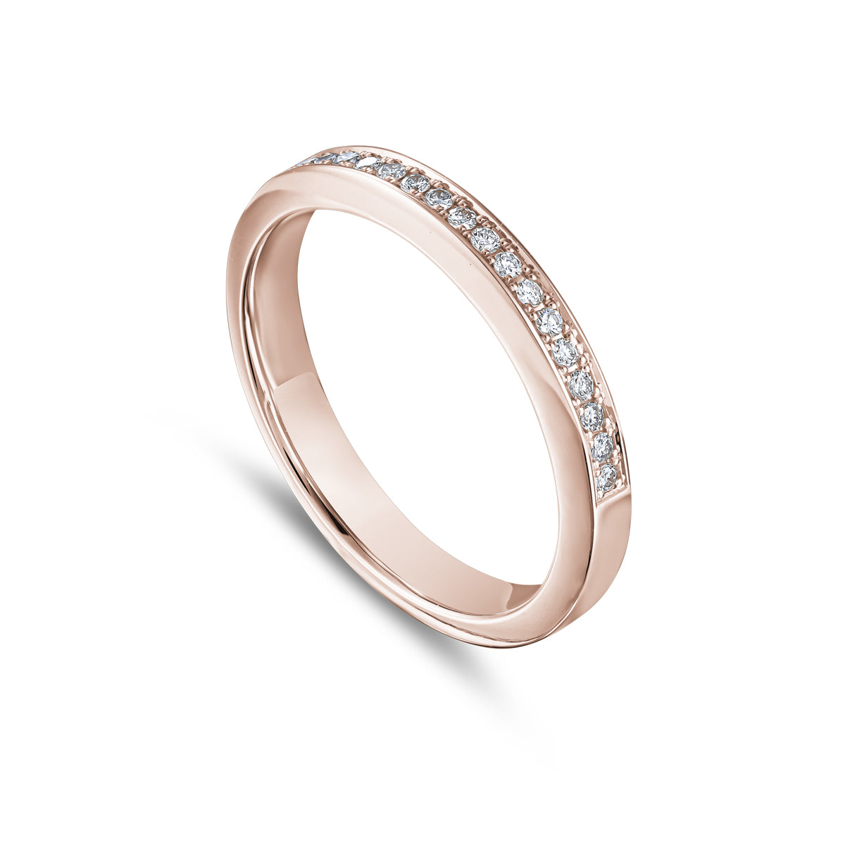 One Love Wedding Band set in pave diamonds in half shank is designed by carati jewelry in Montreal Canada in 18k 14k