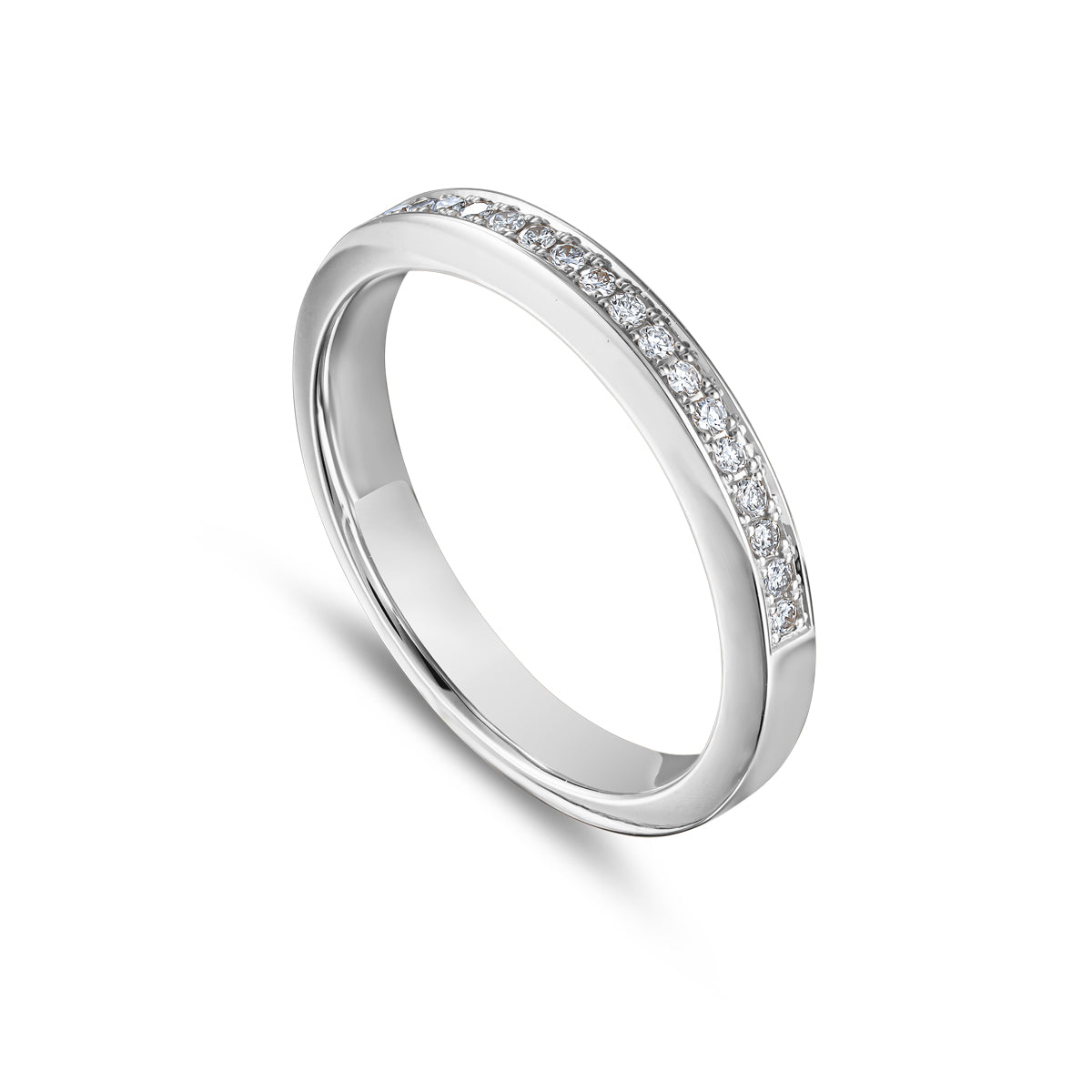 One Love Wedding Band set in pave diamonds in half shank is designed by carati jewelry in Montreal Canada in 18k 14k