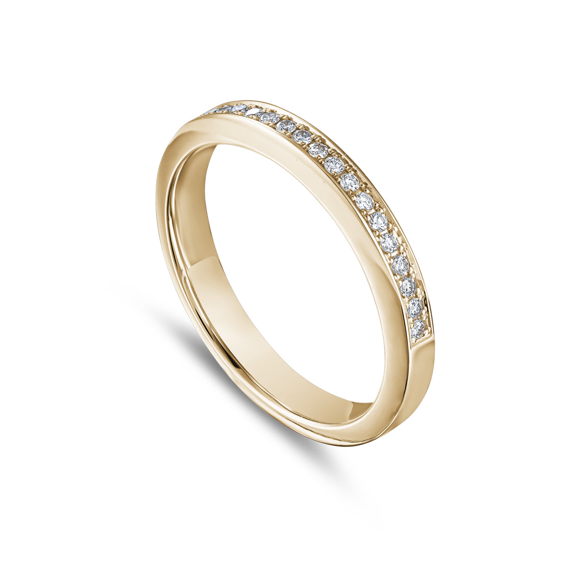 One Love Wedding Band set in pave diamonds in half shank is designed by carati jewelry in Montreal Canada in 18k 14k