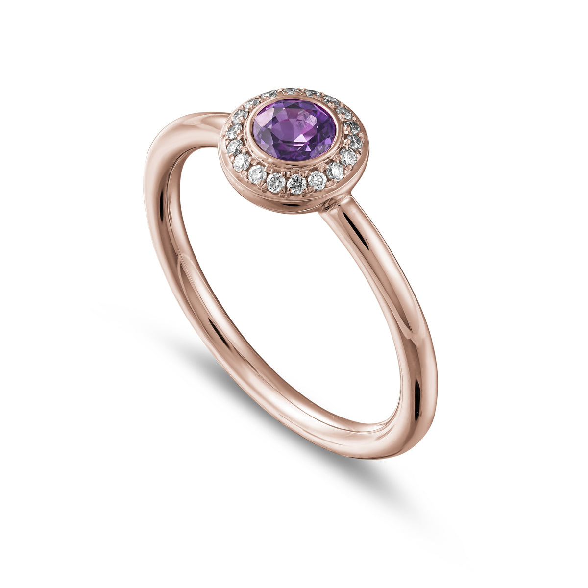 Royal Harmony Ring Centered Around Purple Sapphire set pave diamonds all around designed by carati jewelry in montreal canada 14 k 18 k