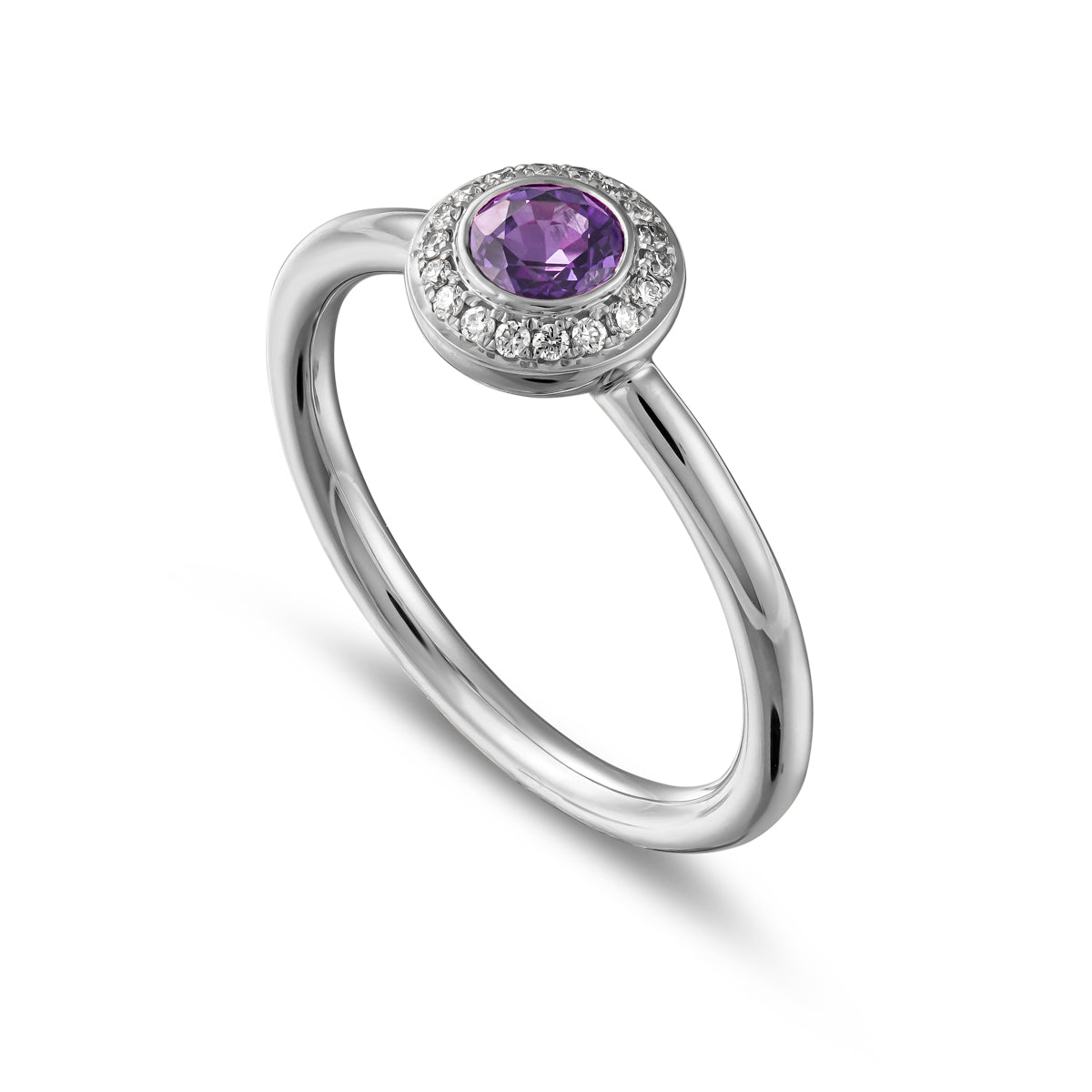 Royal Harmony Ring Centered Around Purple Sapphire set pave diamonds all around designed by carati jewelry in montreal canada 14 k 18 k