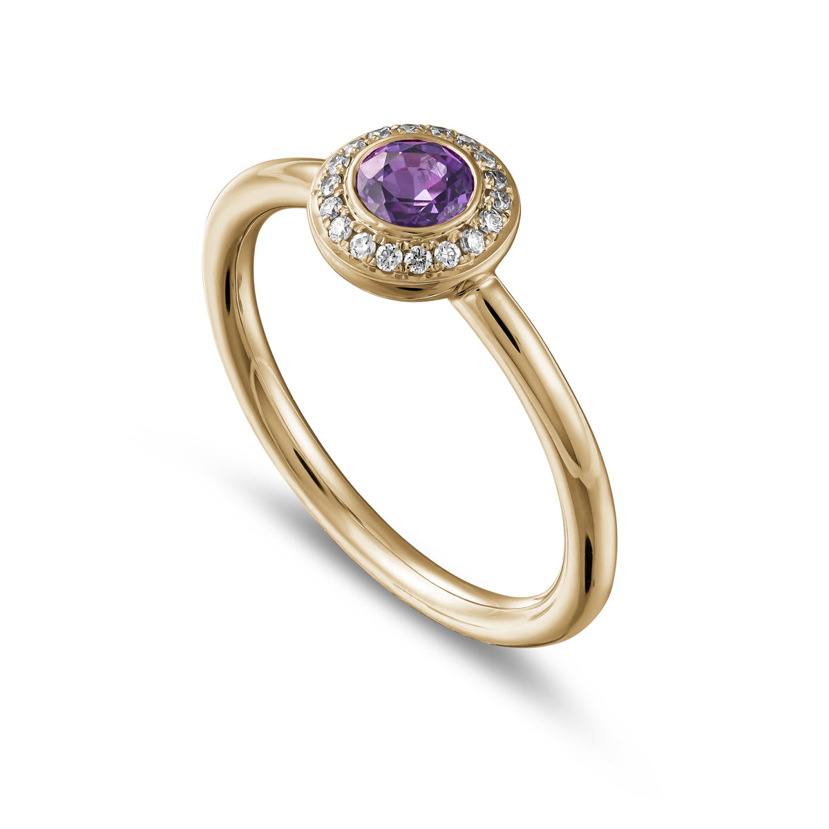 Royal Harmony Ring Centered Around Purple Sapphire set pave diamonds all around designed by carati jewelry in montreal canada 14 k 18 k