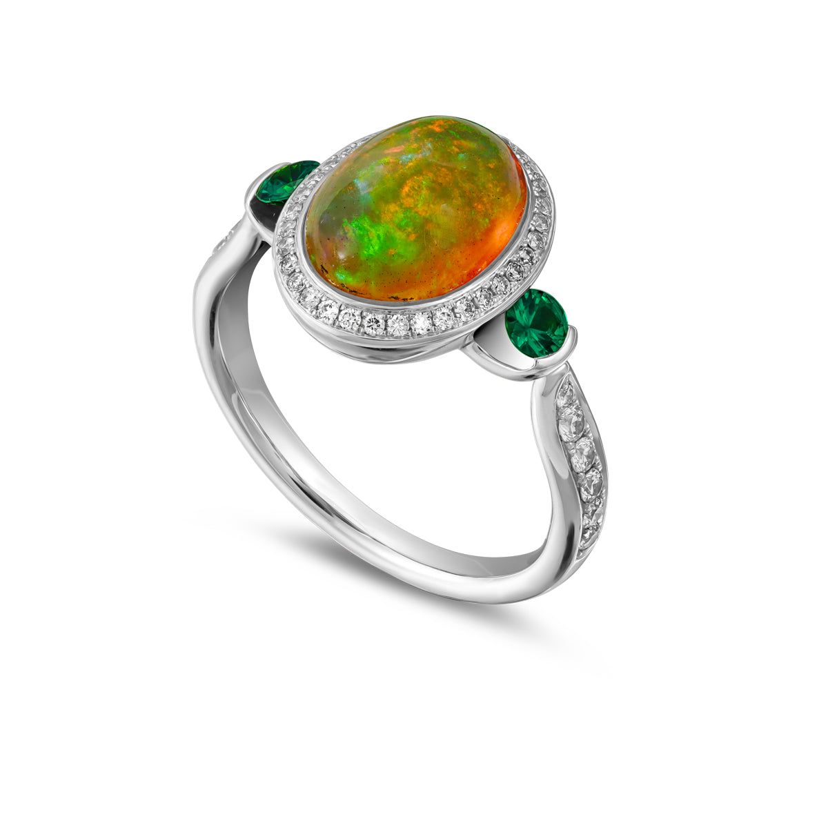 Royal Harmony Ring in Natural Australian Opal in pave set diamonds all around and on the shank with tsavorite sides is designed by carati jewelry in Montreal Canada in 18k 14k