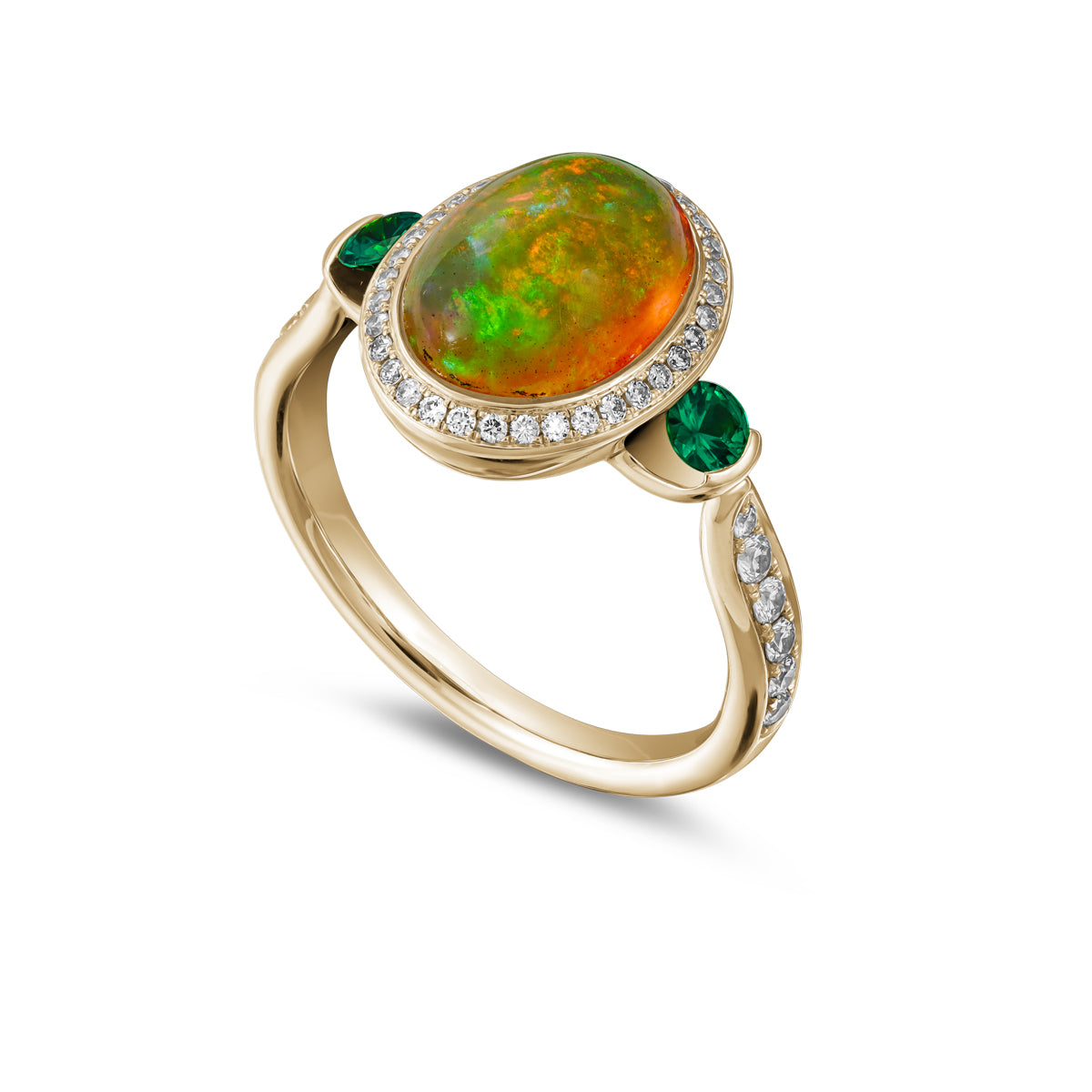 Royal Harmony Ring in Natural Australian Opal in pave set diamonds all around and on the shank with tsavorite sides is designed by carati jewelry in Montreal Canada in 18k 14k