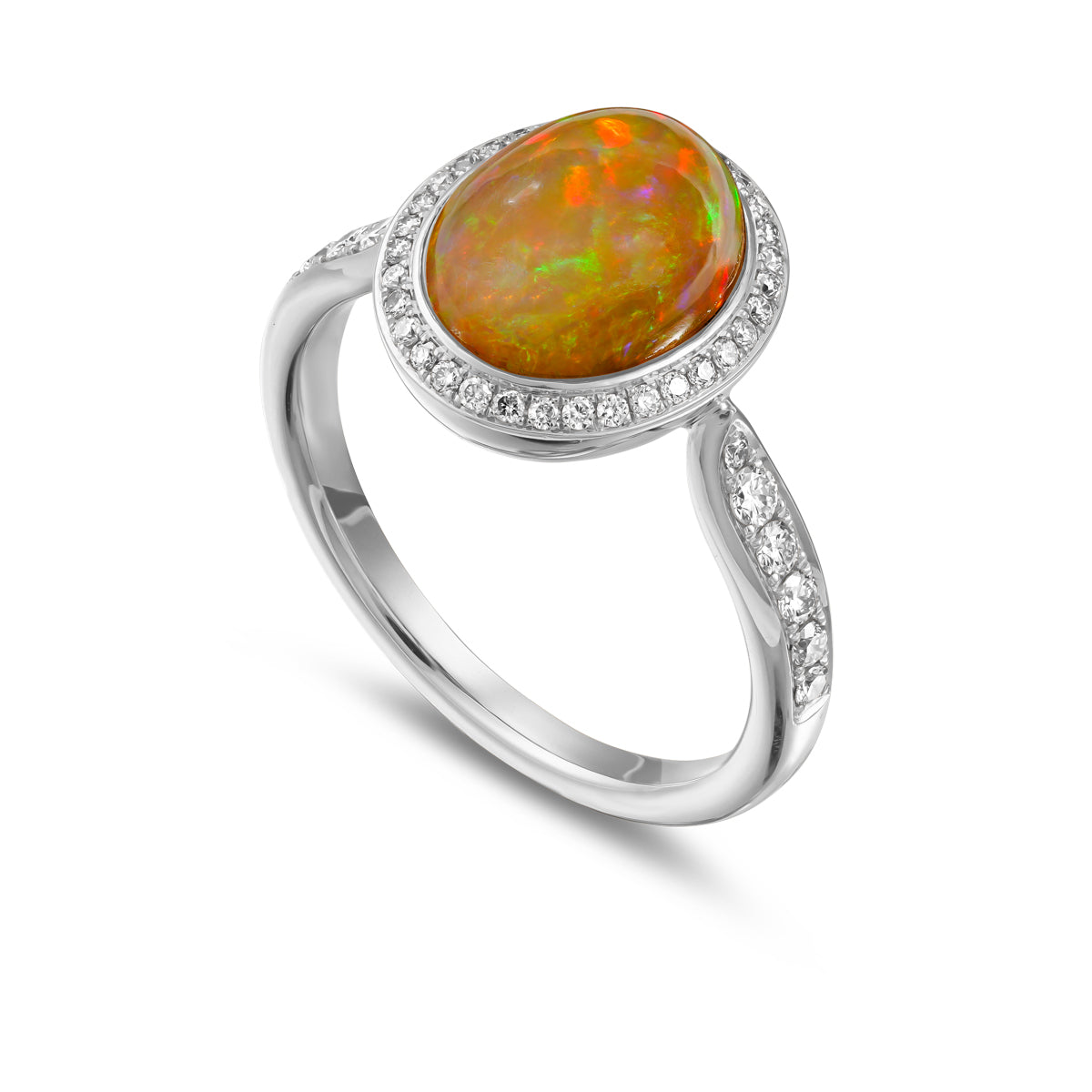 Royal Harmony Ring in Natural Australian Opal set in pave diamonds all around and on the shank is designed by carati jewelry in Montreal Canada in 18k 14k