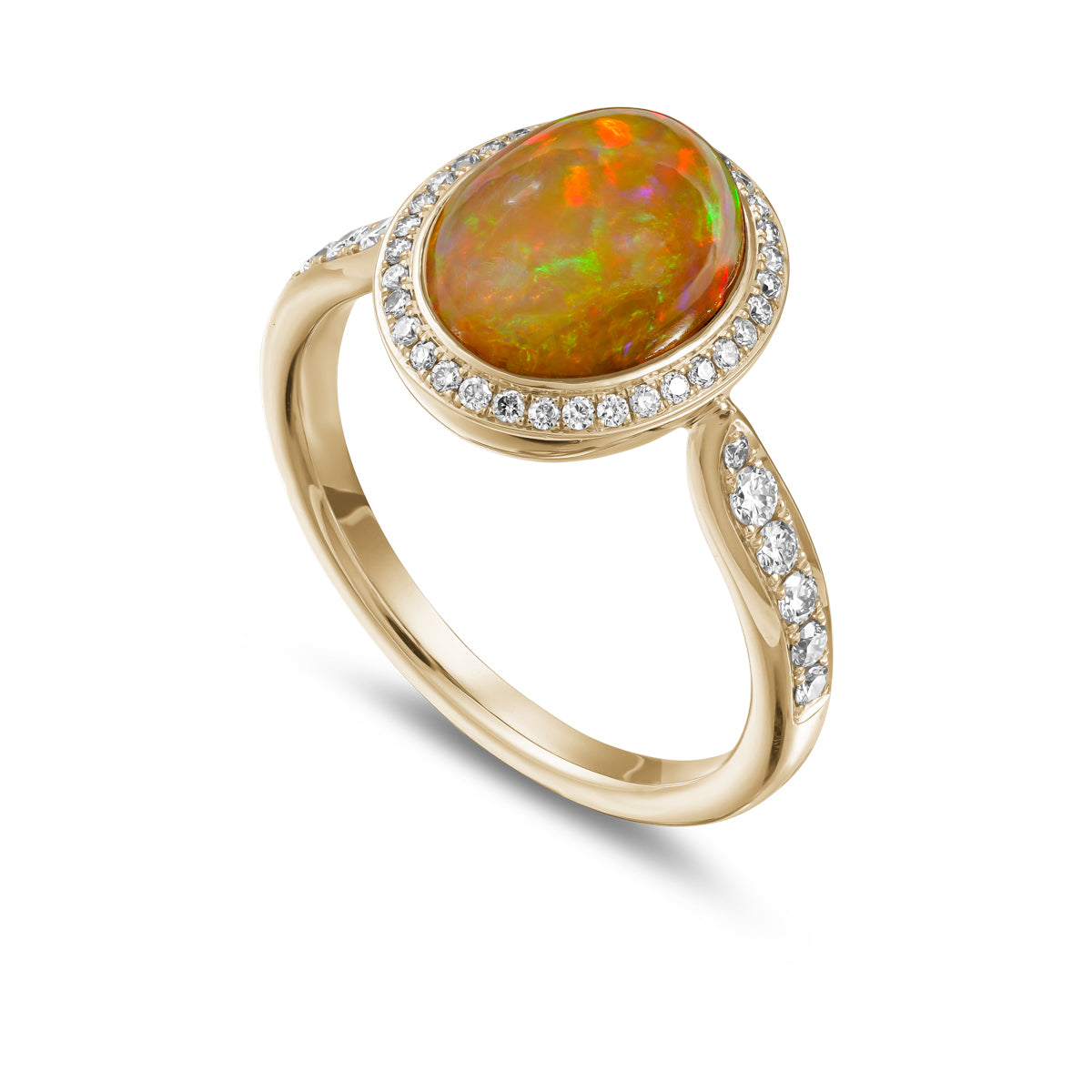 Royal Harmony Ring in Natural Australian Opal set in pave diamonds all around and on the shank is designed by carati jewelry in Montreal Canada in 18k 14k