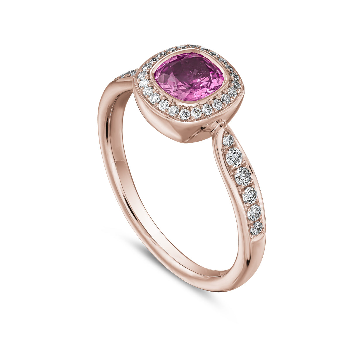 Royal harmony ring with pink cushion surrounded by pave diamonds and on the shank designed by carati jewelry in montreal canada 14k 18 k