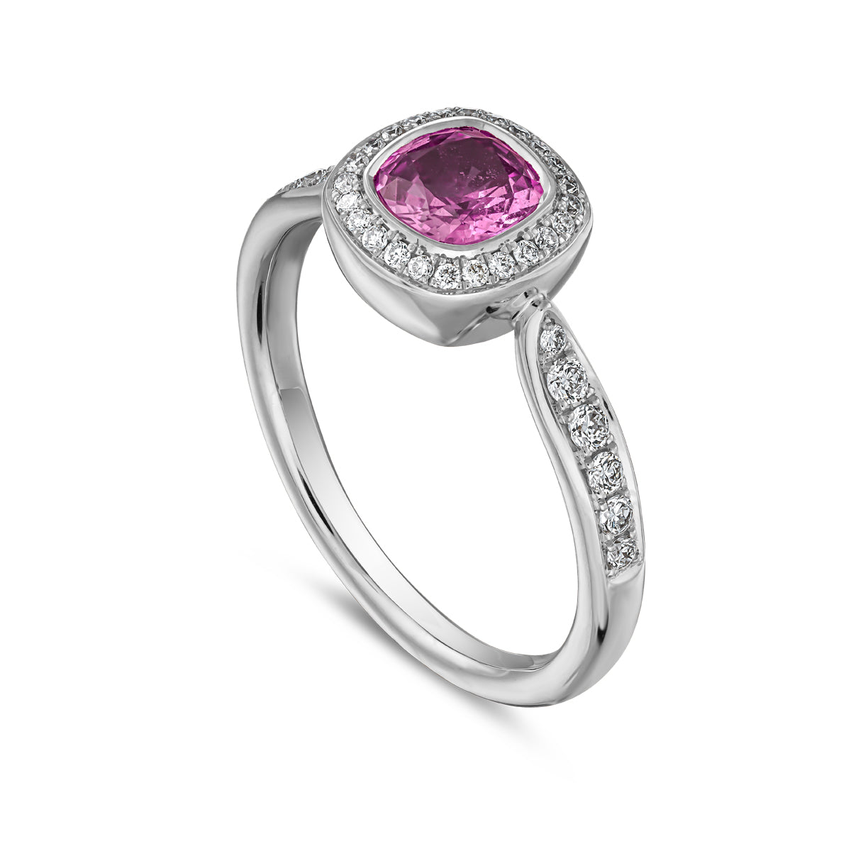 Royal harmony ring with pink cushion surrounded by pave diamonds and on the shank designed by carati jewelry in montreal canada 14k 18 k