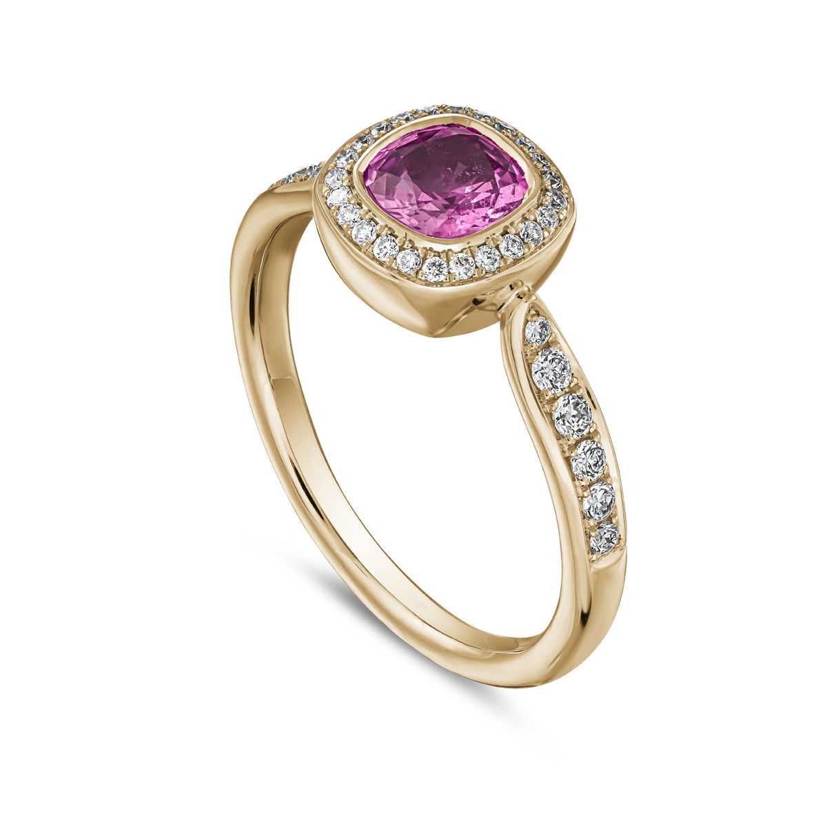 Royal harmony ring with pink cushion surrounded by pave diamonds and on the shank designed by carati jewelry in montreal canada 14k 18 k
