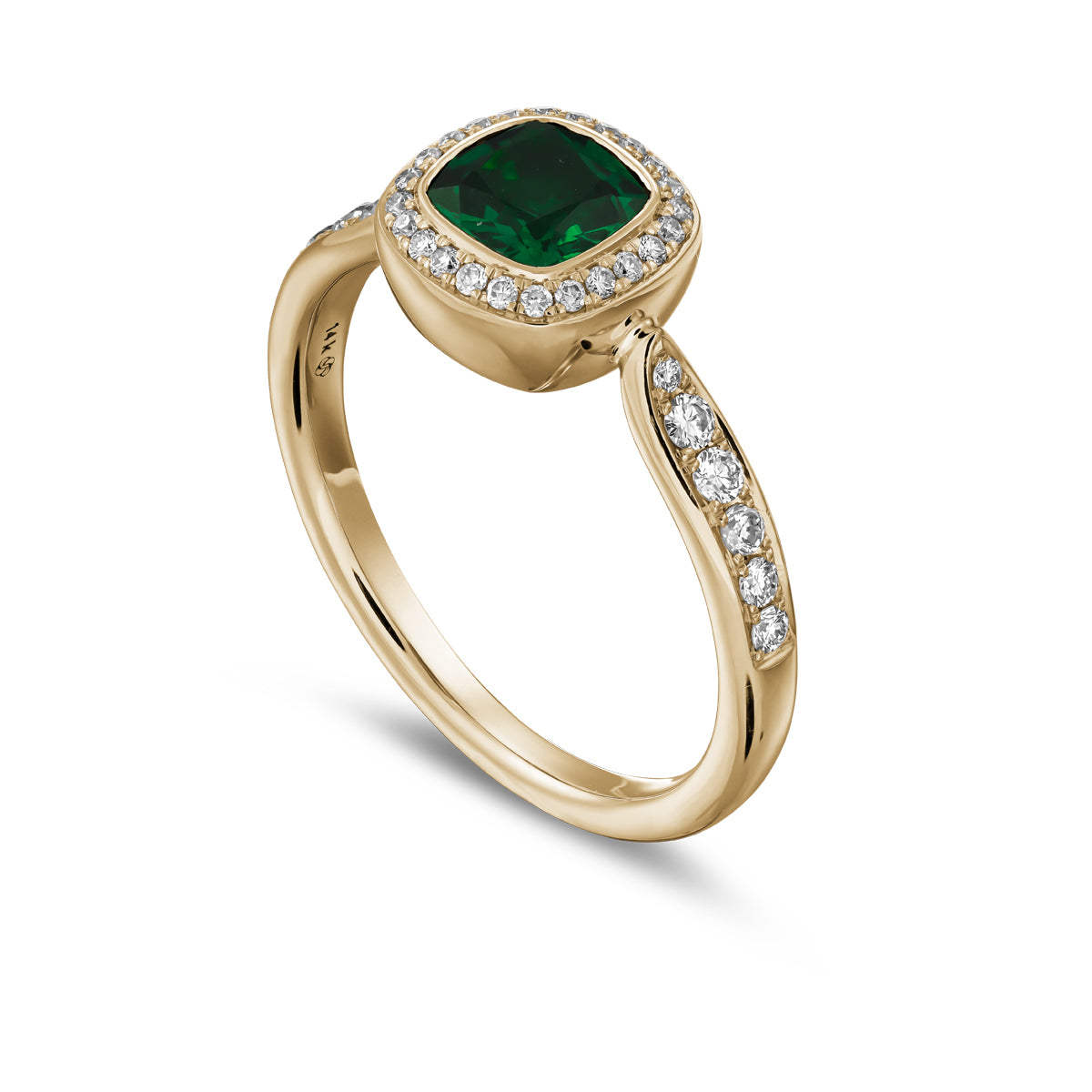 Royal harmony ring with tsavorite cushion surrounded by pave diamonds and on the shank designed by carati jewelry in montreal canada 14k 18 k