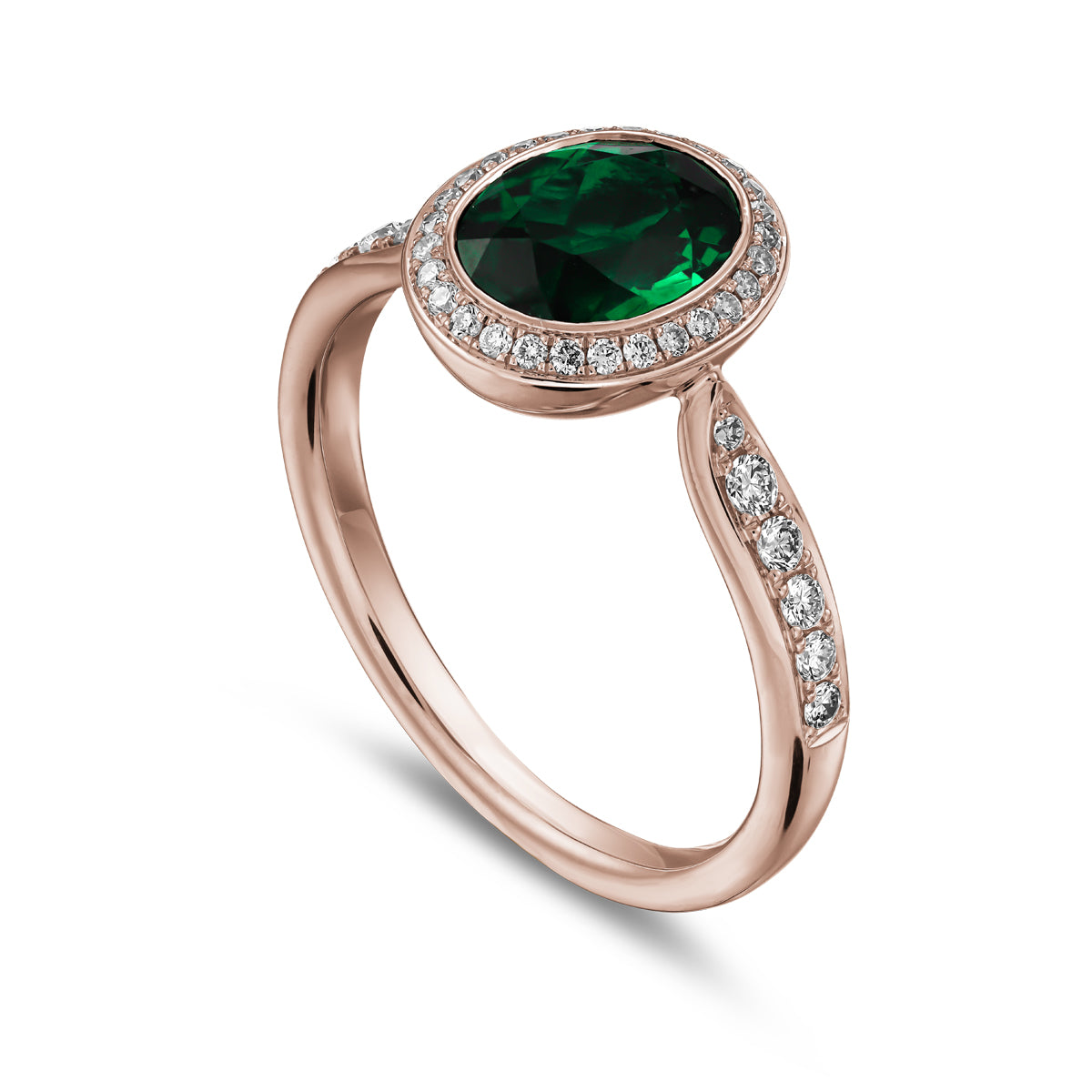 Royal harmony ring with oval green tourmaline surrounded by pave diamonds and on the shank designed by carati jewelry in montreal canada 18k 14 k
