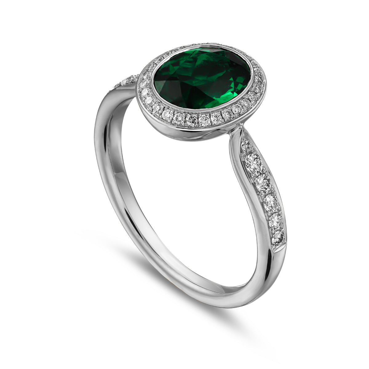 Royal harmony ring with oval green tourmaline surrounded by pave diamonds and on the shank designed by carati jewelry in montreal canada 18k 14 k