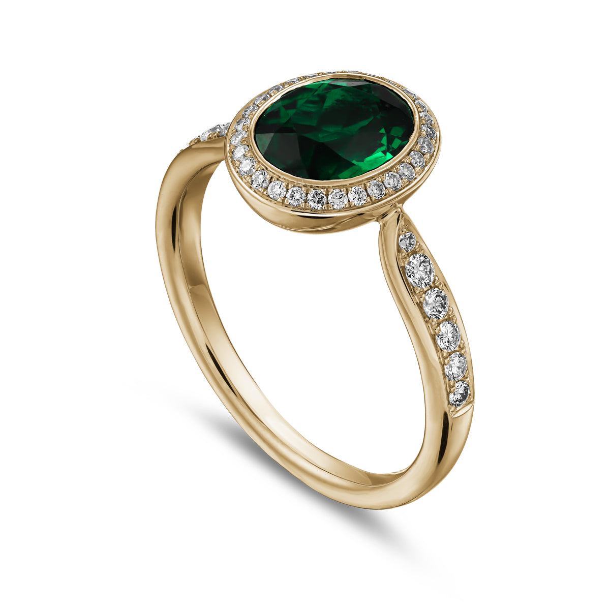 Royal harmony ring with oval green tourmaline surrounded by pave diamonds and on the shank designed by carati jewelry in montreal canada 18k 14 k