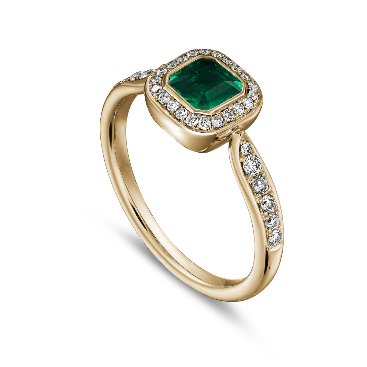 Royal harmony ring with bigger tie emerald surrounded by pave diamonds and on the shank designed by carati jewelry in montreal canada 18k 14 k