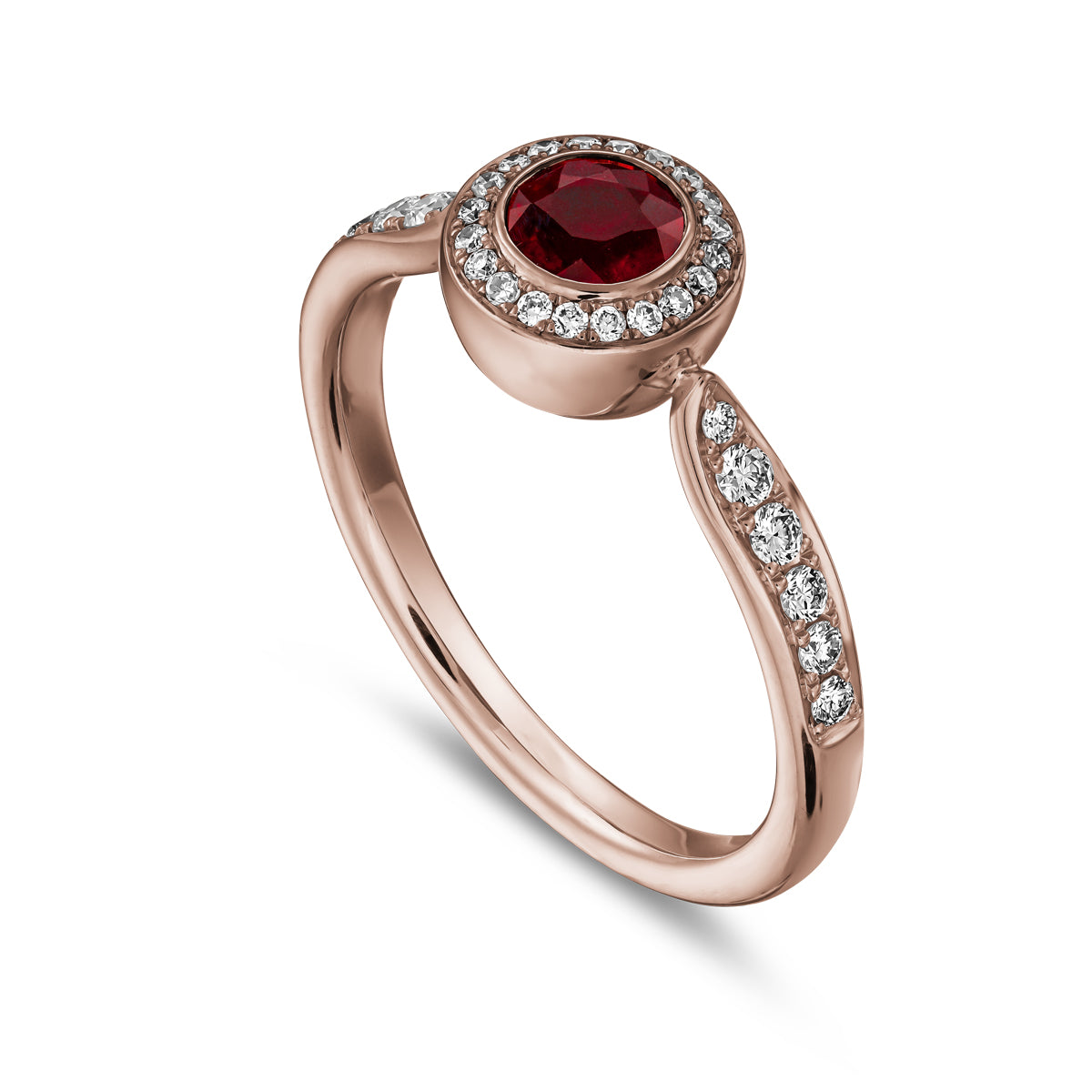 Royal harmony ring with round ruby surrounded by pave diamonds and on the shank designed by carati jewelry in montreal canada 18k 14 k