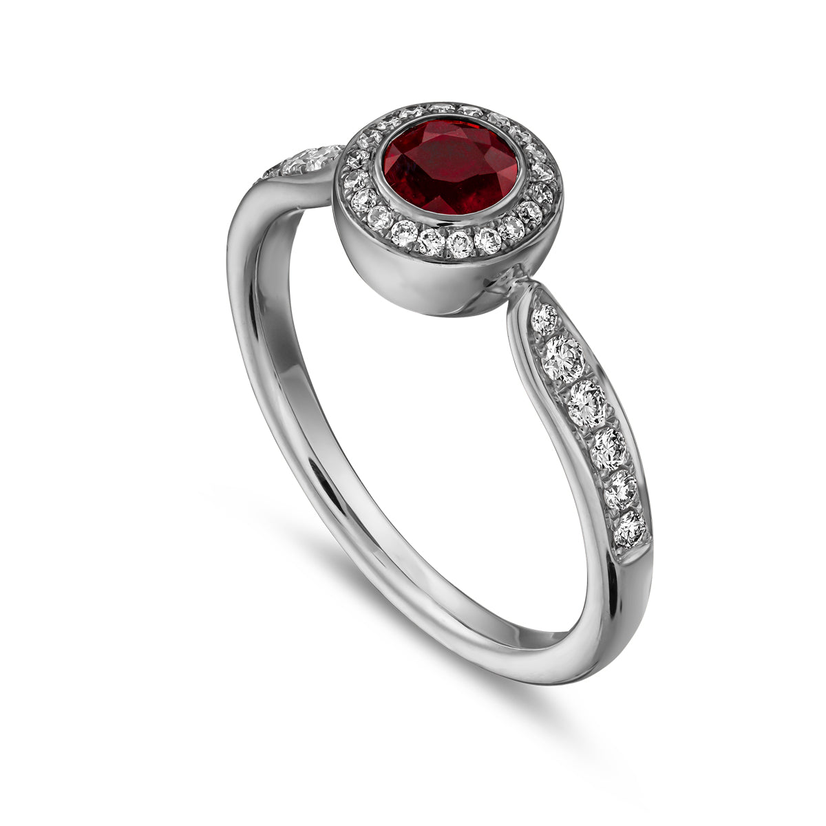 Royal harmony ring with round ruby surrounded by pave diamonds and on the shank designed by carati jewelry in montreal canada 18k 14 k