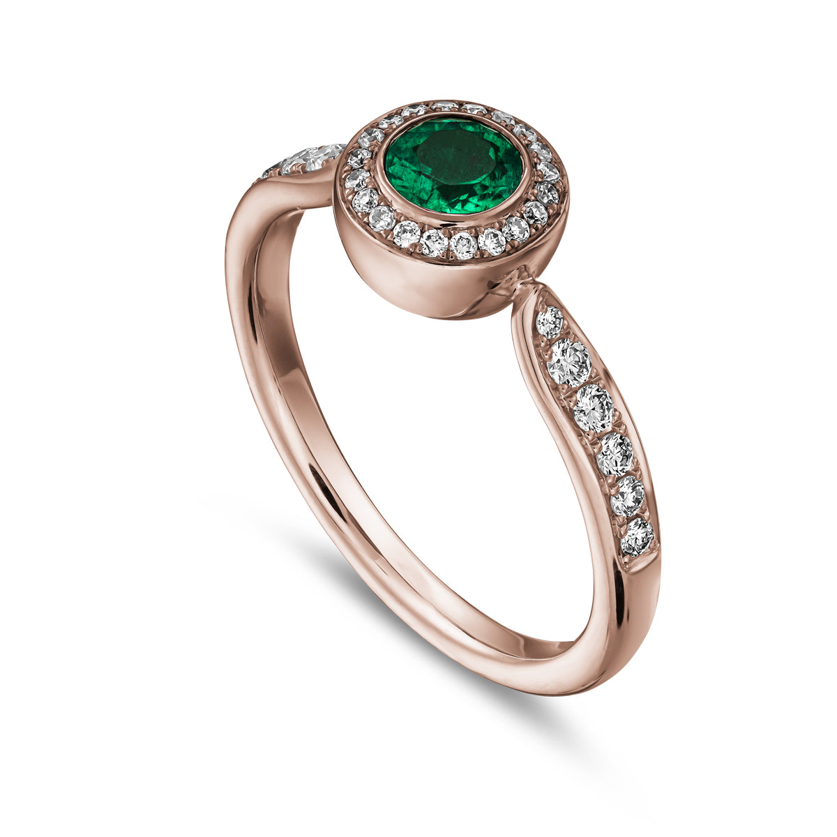 Royal harmony ring with round emerald surrounded by pave diamonds and on the shank designed by carati jewelry in montreal canada 18k 14 k