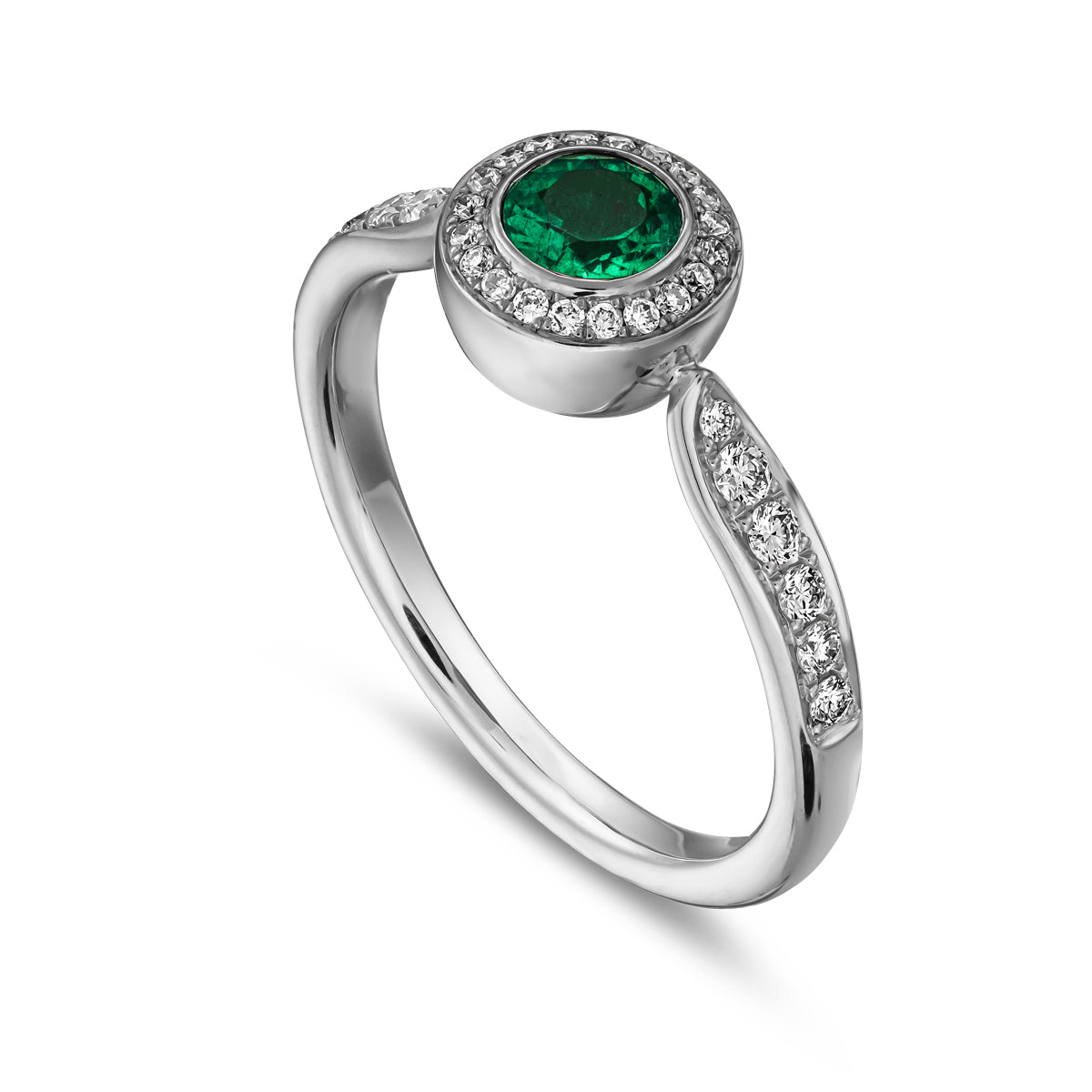 Royal harmony ring with round emerald surrounded by pave diamonds and on the shank designed by carati jewelry in montreal canada 18k 14 k