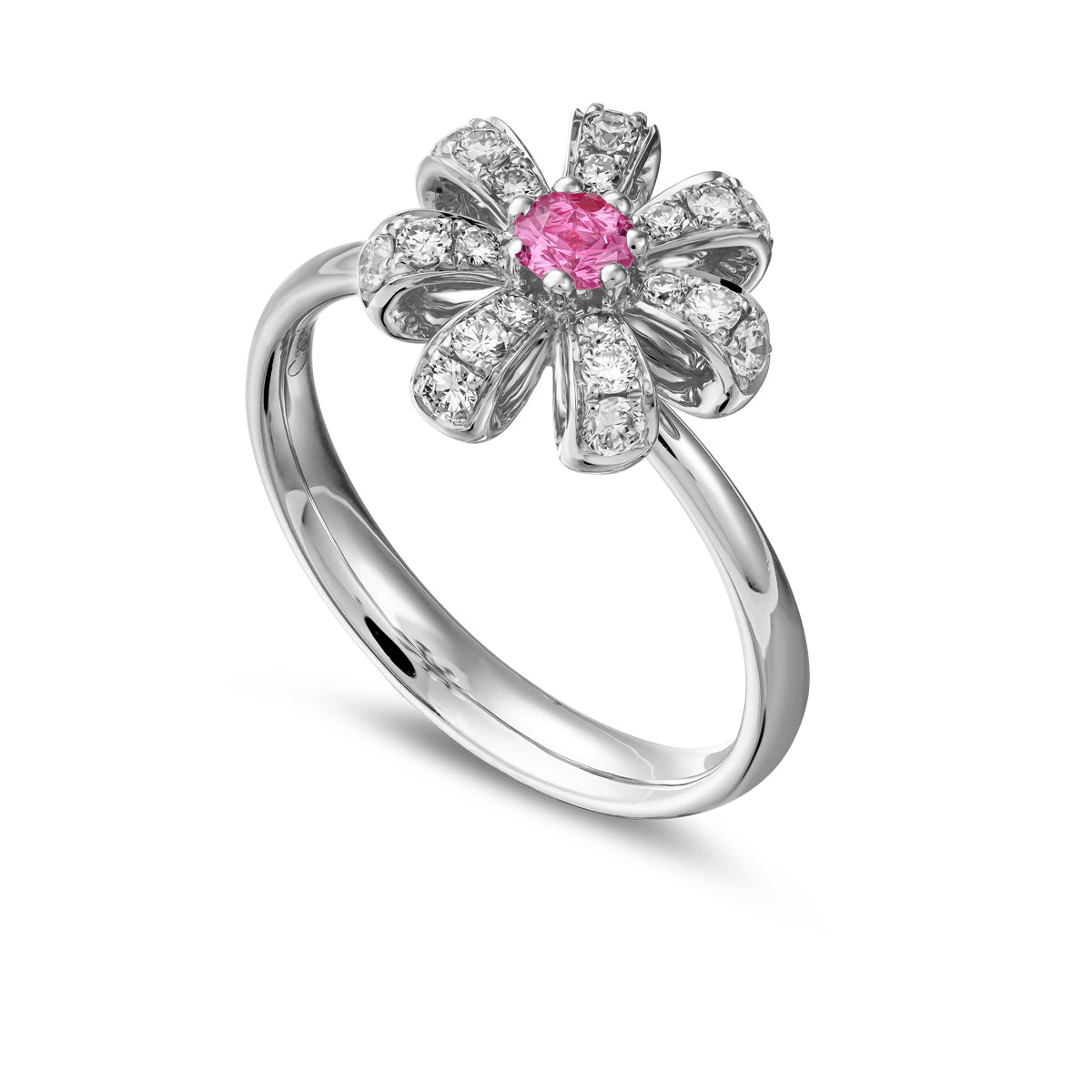 Fiora Ring set in pave Diamonds and a Sparkling Pink Sapphire in the middle is iconic design from carati jewelry in montreal canada in 18k 14 k