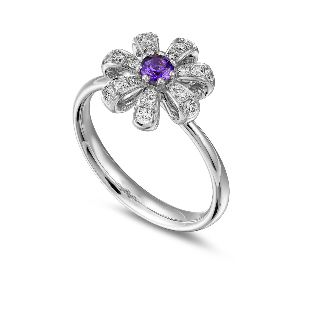 Fiora Ring set in pave Diamonds and a Sparkling Purple Sapphire sapphire in the middle is iconic design from carati jewelry in montreal canada in 1k 14 k