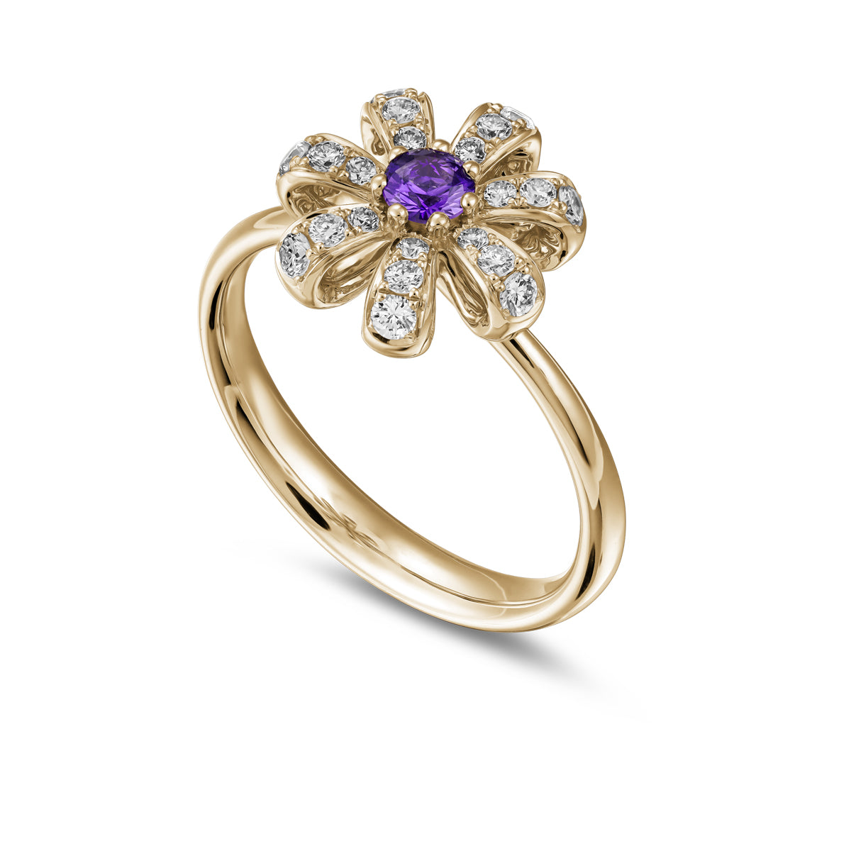 Fiora Ring set in pave Diamonds and a Sparkling Purple Sapphire sapphire in the middle is iconic design from carati jewelry in montreal canada in 1k 14 k
