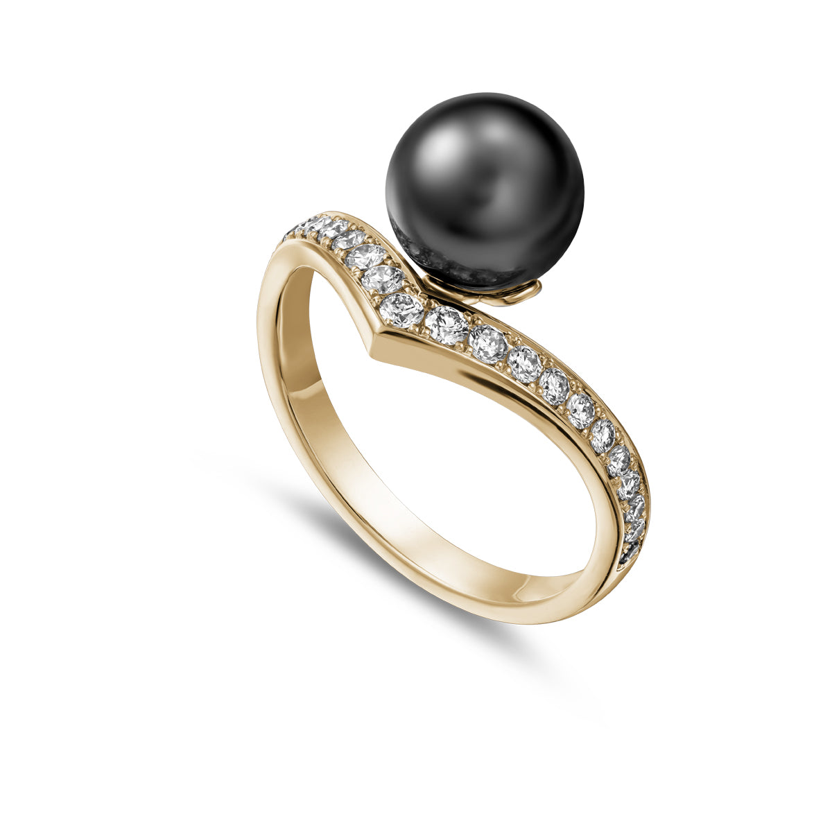 Dreamer ring with natural Tahitian pearl set in pave diamonds is designed by carati jewelry in Montreal Canada in 18k 14k