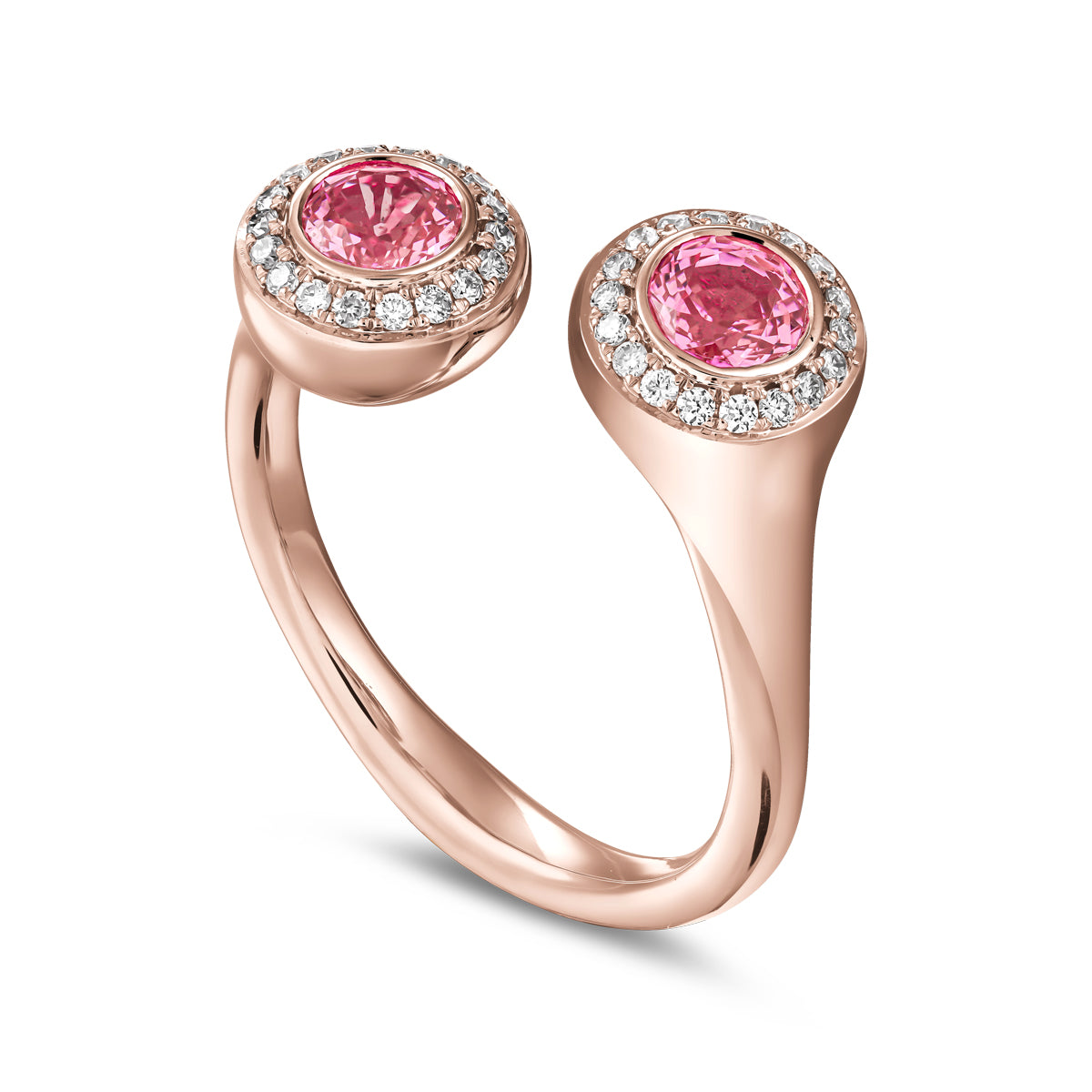 Toi et moi reimagined with 2 pink sapphires surrounded by pave set diamonds designed by carati jewelry montreal canada 14 k 18 k