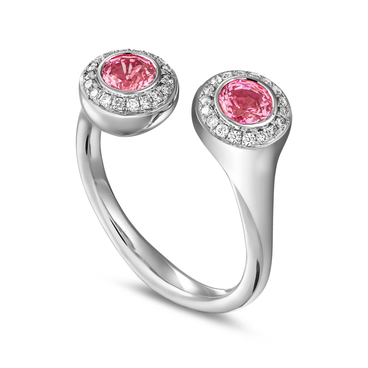 Toi et moi reimagined with 2 pink sapphires surrounded by pave set diamonds designed by carati jewelry montreal canada 14 k 18 k