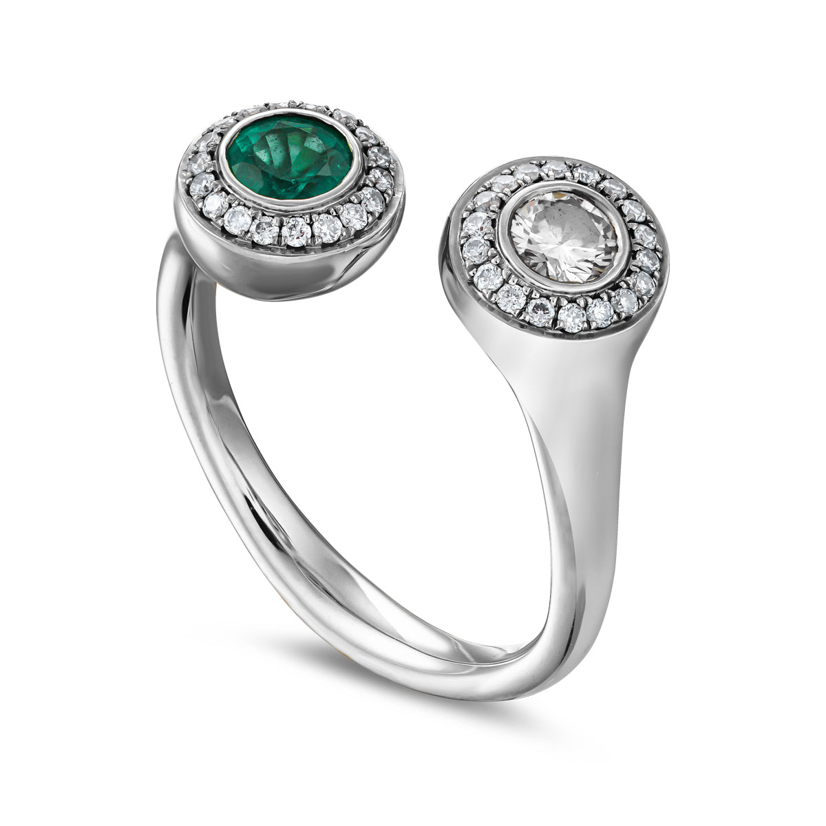Toi et moi with two round centers in emerald and diamond with pave set all around designed by carati jewelry in montreal canada in 18 k 14 k