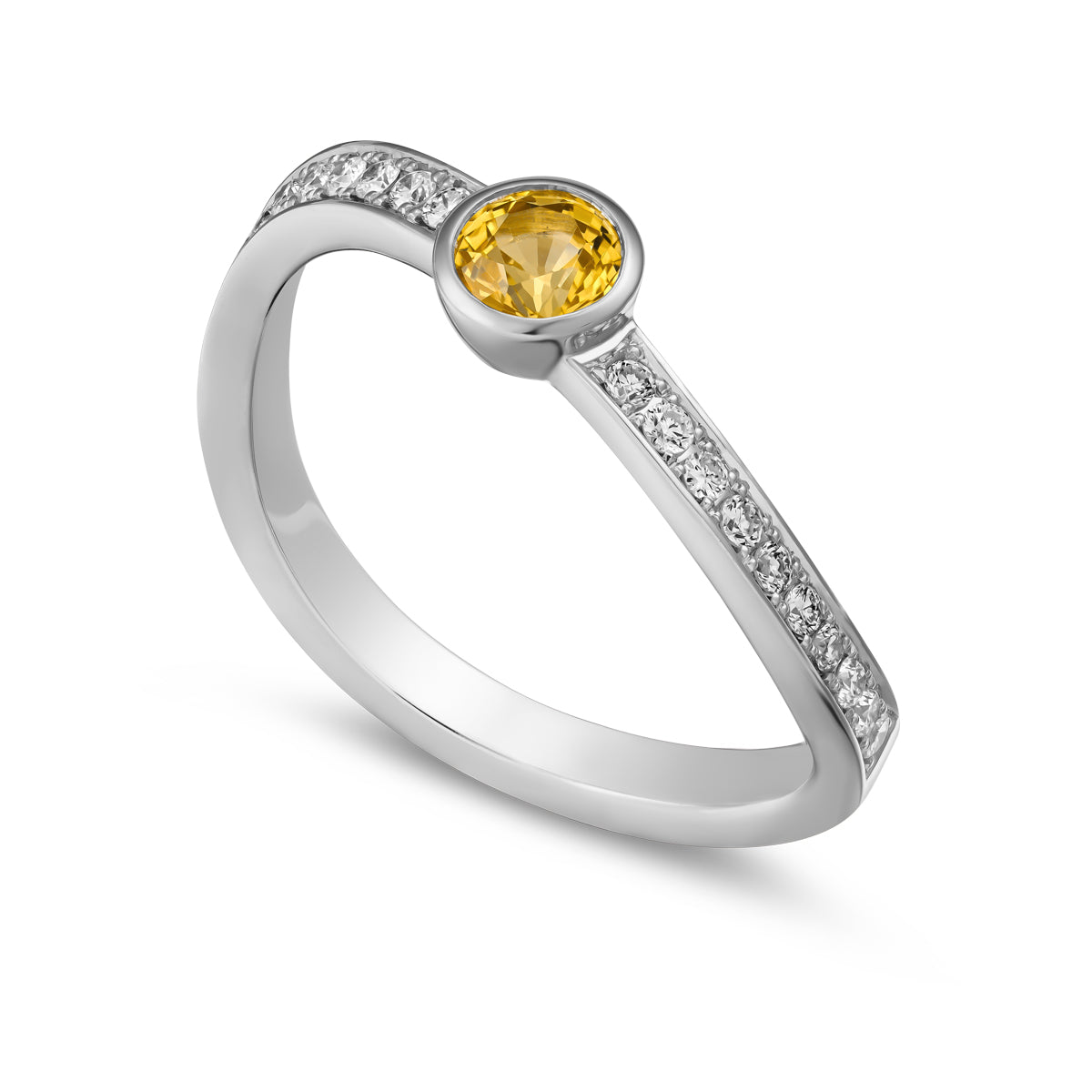single Wavy Ring with a yellow sapphire in the middle and diamondsnset in pave , iconic design by carati jewelry in montreal canada in 18k 14k