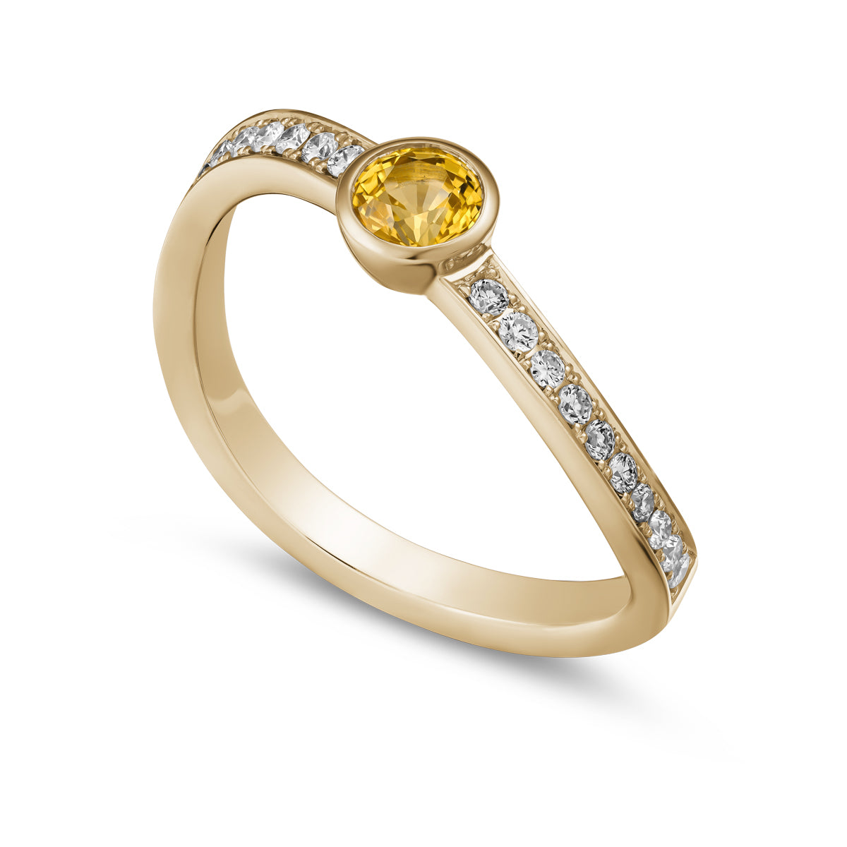 single Wavy Ring with a yellow sapphire in the middle and diamondsnset in pave , iconic design by carati jewelry in montreal canada in 18k 14k