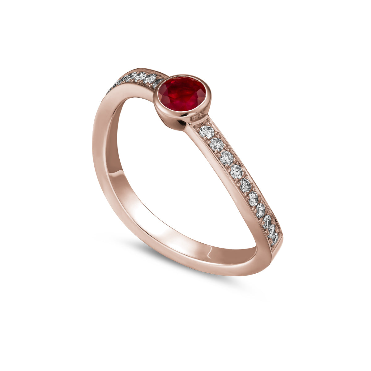 single Wavy Ring with a Ruby in the middle and diamonds set in pave , iconic design by carati jewelry in montreal canada in 18k 14k