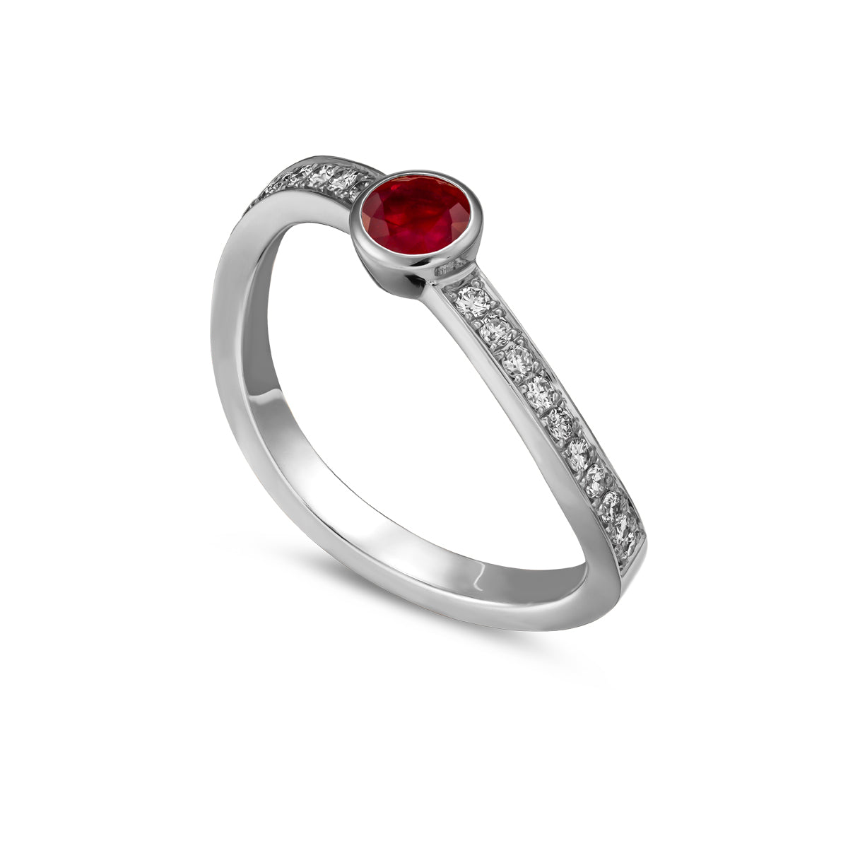 single Wavy Ring with a Ruby in the middle and diamonds set in pave , iconic design by carati jewelry in montreal canada in 18k 14k