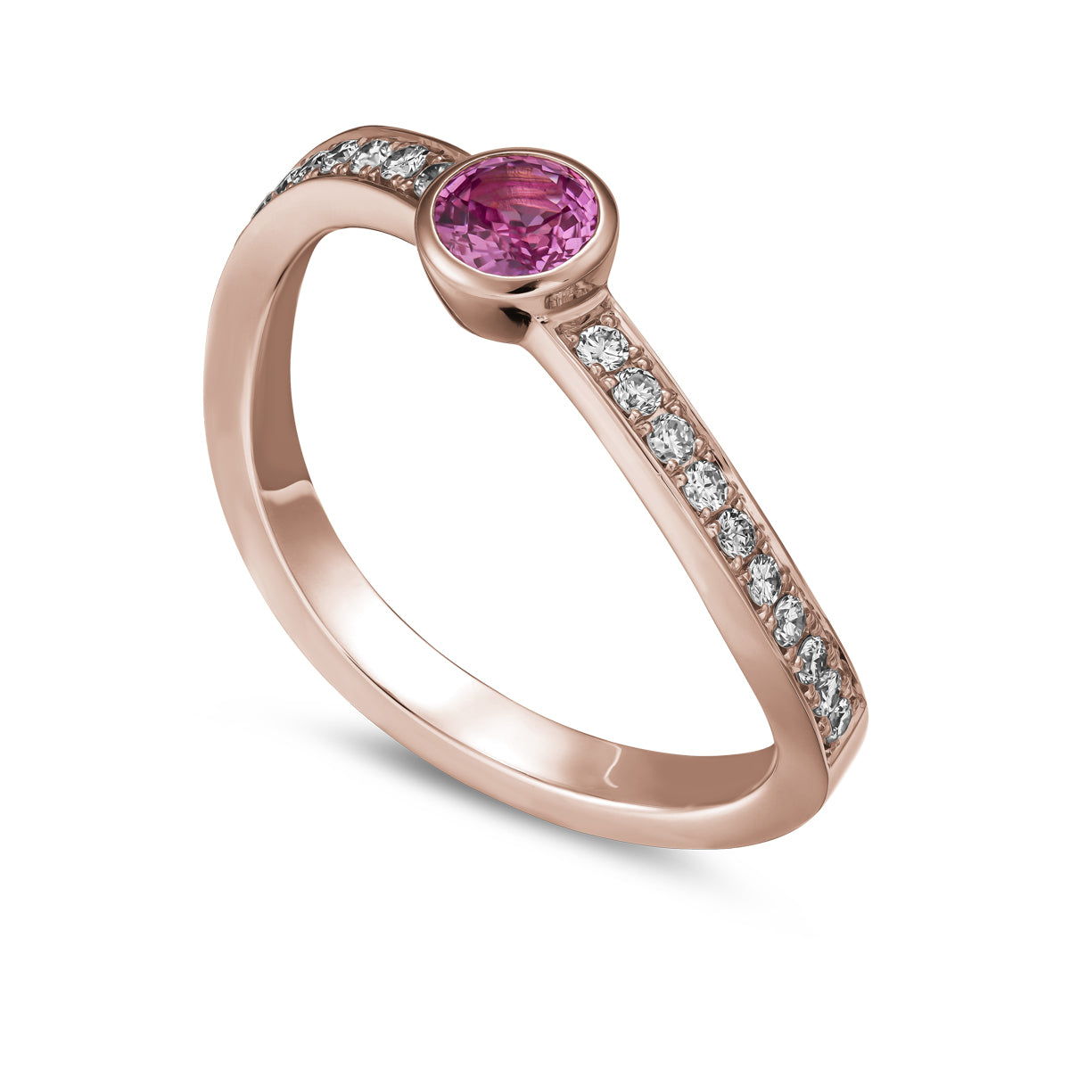single Wavy Ring with a pink sapphire in the middle and diamonds set in pave , iconic design by carati jewelry in montreal canada in 18k 14k